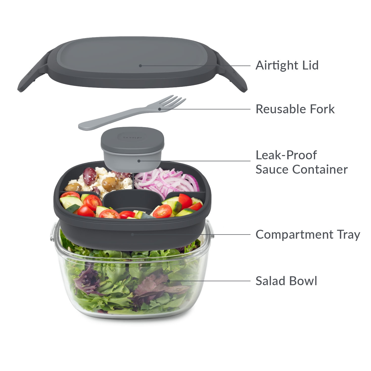 (4 pack) Bentgo Glass All-in-One Salad Container - Large 61-oz Salad Bowl, 4-Compartment Bento-Style Tray for Toppings, 3-oz Sauce Container for Dressings, and Built-In Reusable Fork (Dark Gray) - Image 6