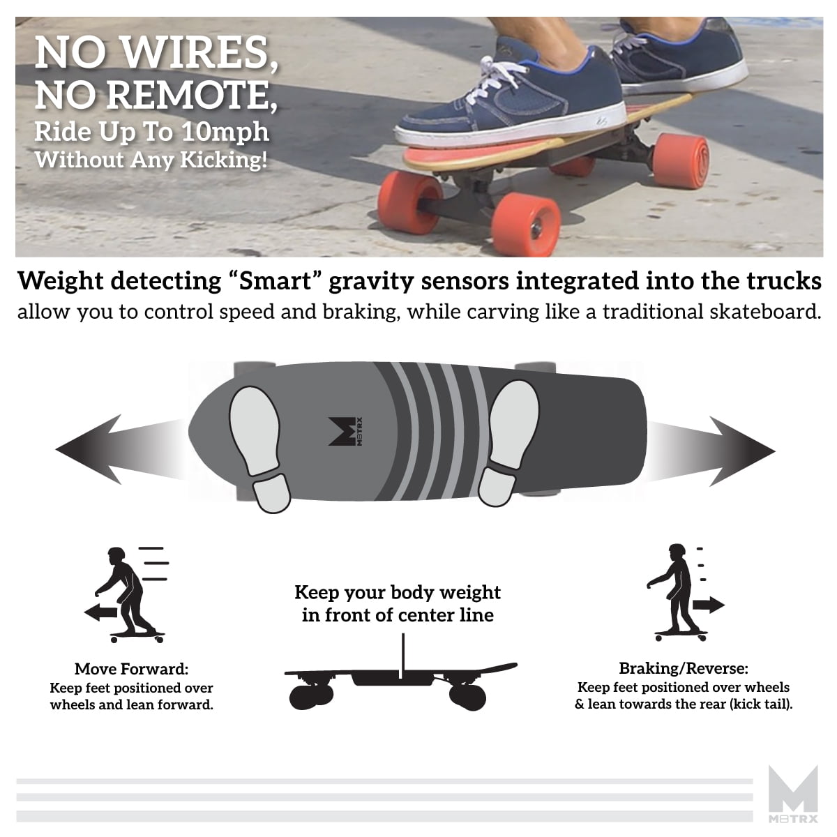 M8TRX EB100 Electric Skateboard, Gravity Sensor Riding, 300 Watt, 28" Deck, 10 MPH, Red - Image 9