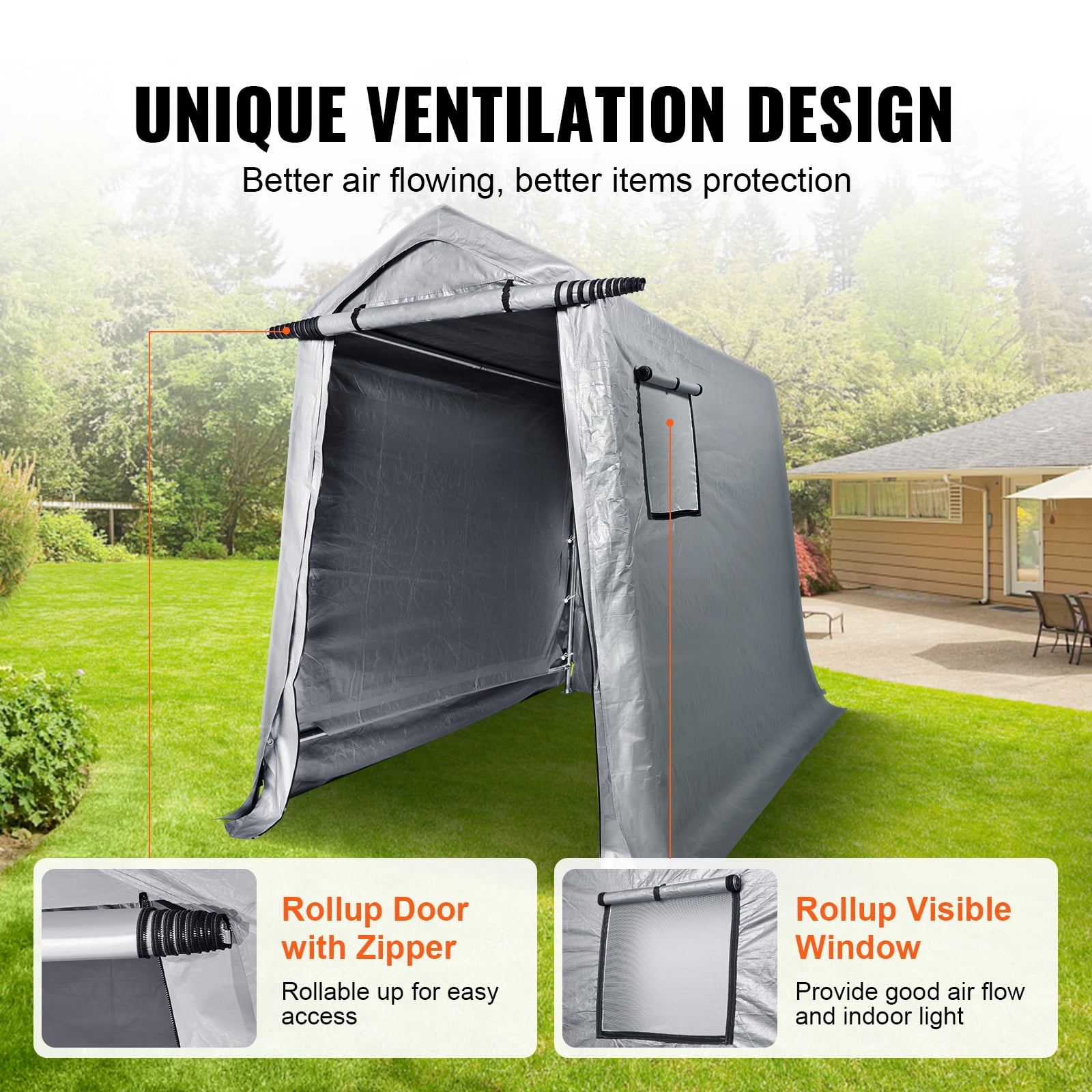 VEVOR Portable Shed Outdoor Storage Shelter, 6x8x7 ft Heavy Duty Instant Waterproof Storage Tent Sheds with Roll-up Zipper Door and Ventilated Windows - Image 5