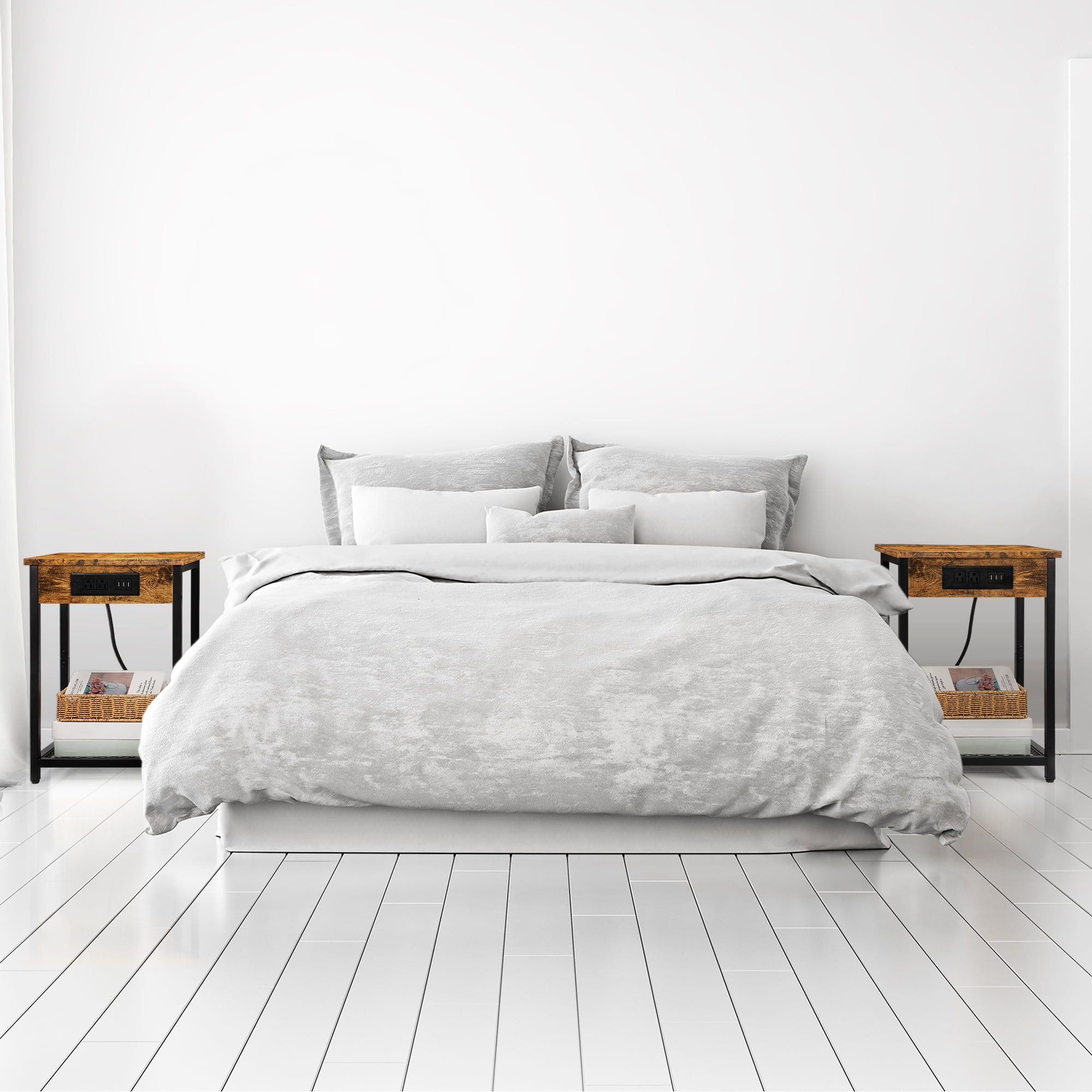 Oumilen Adult Nightstand End Table with Charging Station Rustic Brown, Set of 2 - Image 3