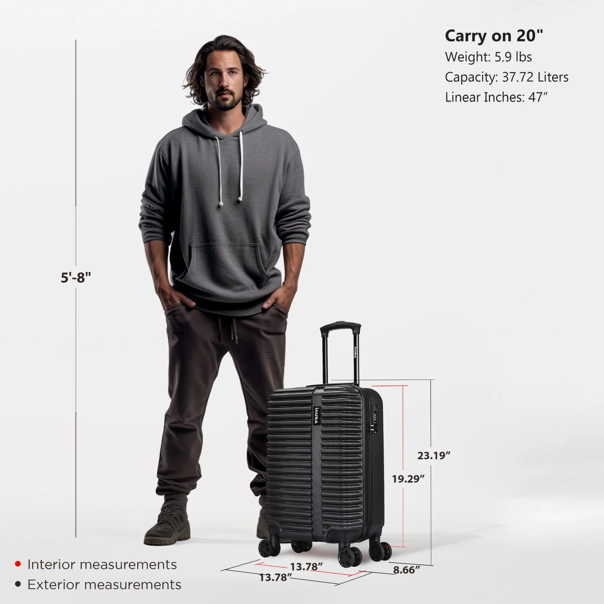 InUSA Ally 20" Hardside Lightweight Luggage with Spinner Wheels, Handle and Trolley, Black - Image 7