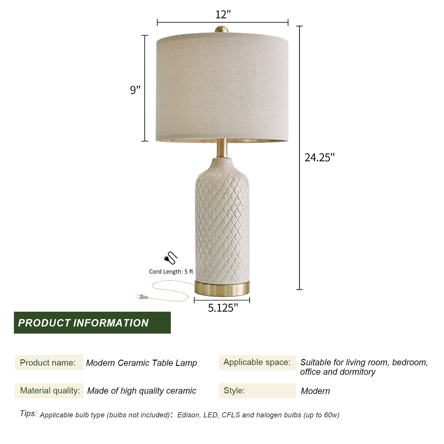 Oneach Ceramic Table Lamps Set of 2 for Living Room Bedroom 24.25" Modern Bedside Nightstand Lamps with Lamp Shades - Image 5