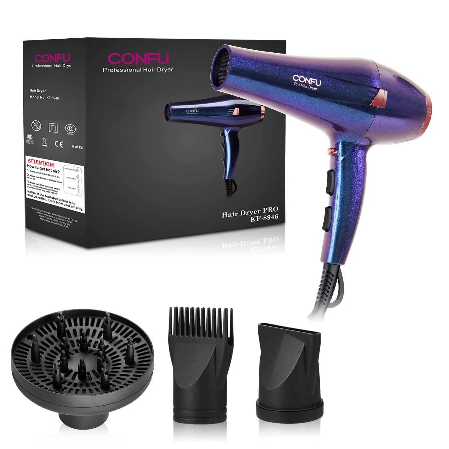 Hair Dryer, CONFU 1875W Professional Ionic Blow Dryer for Hair Care,3 Attachments for Home Salon Travel, Purple - Image 9