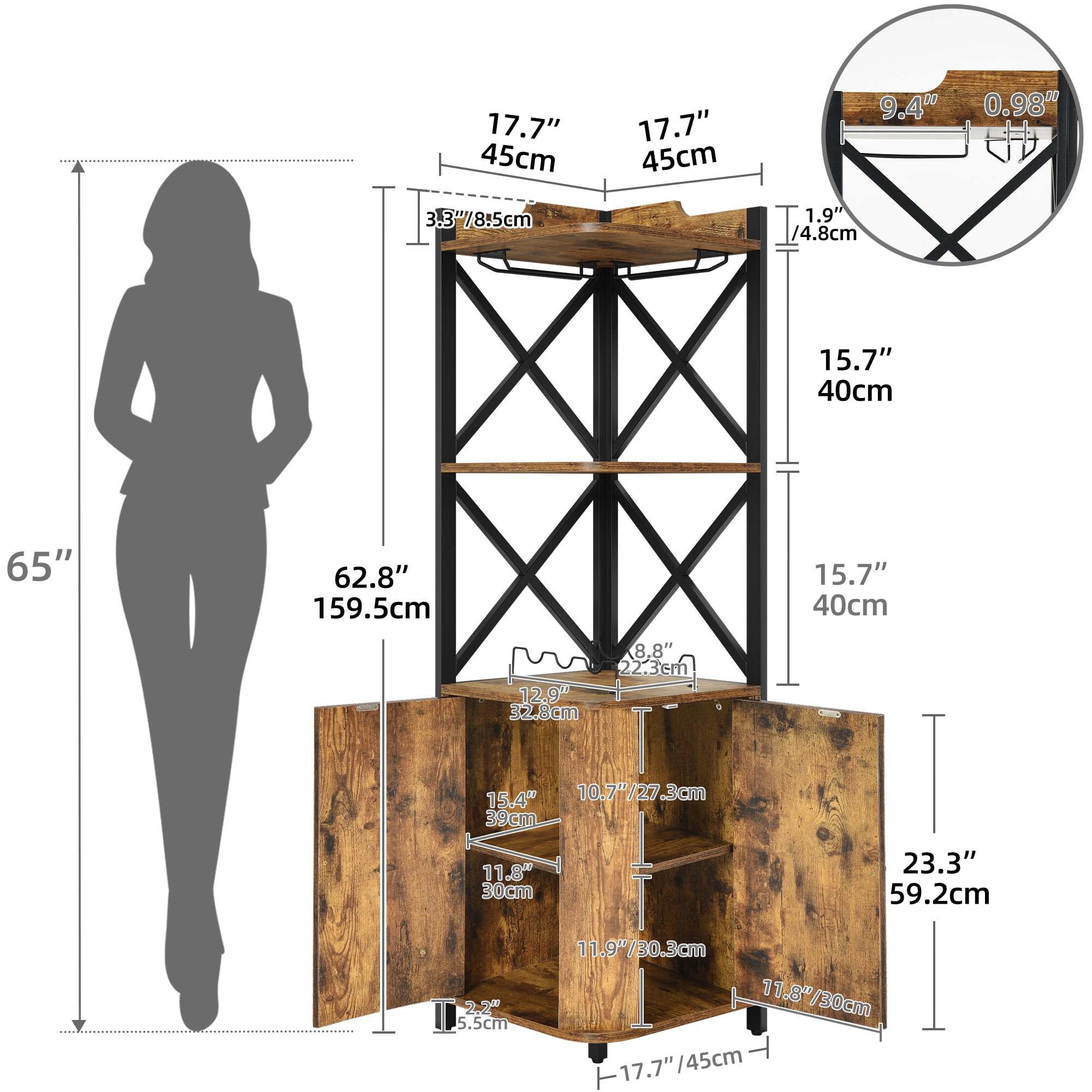 Dextrus Corner Bar Cabinet with Wine & Glass Rack, Storage Cabinet & Adjustable Shelf, Rustic Brown - Image 6