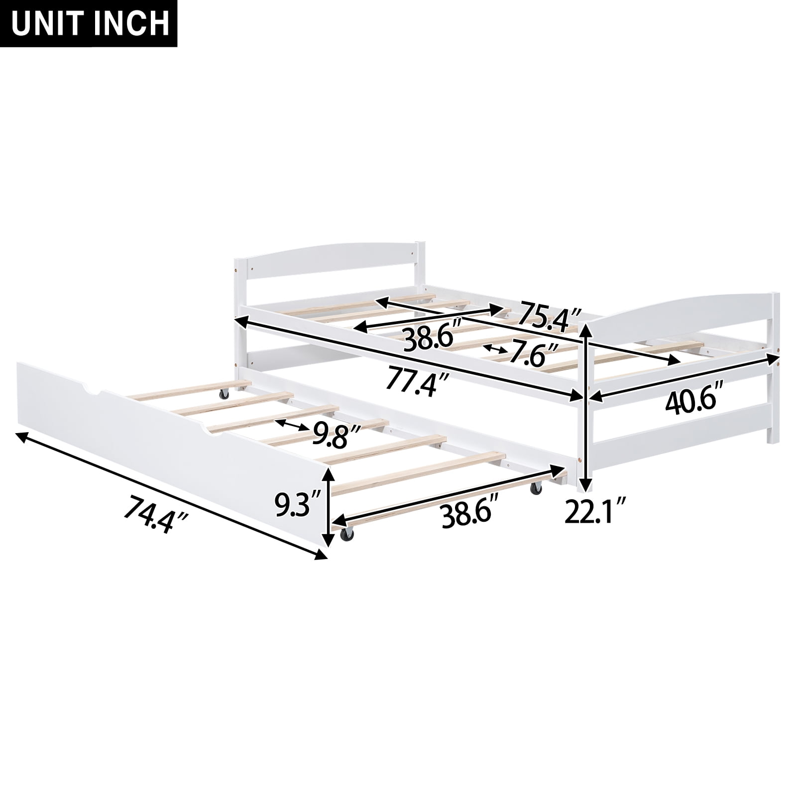 Euroco Twin Size Platform Bed with Trundle, Low Profile Easy Assembly Wood Daybed, White - Image 7