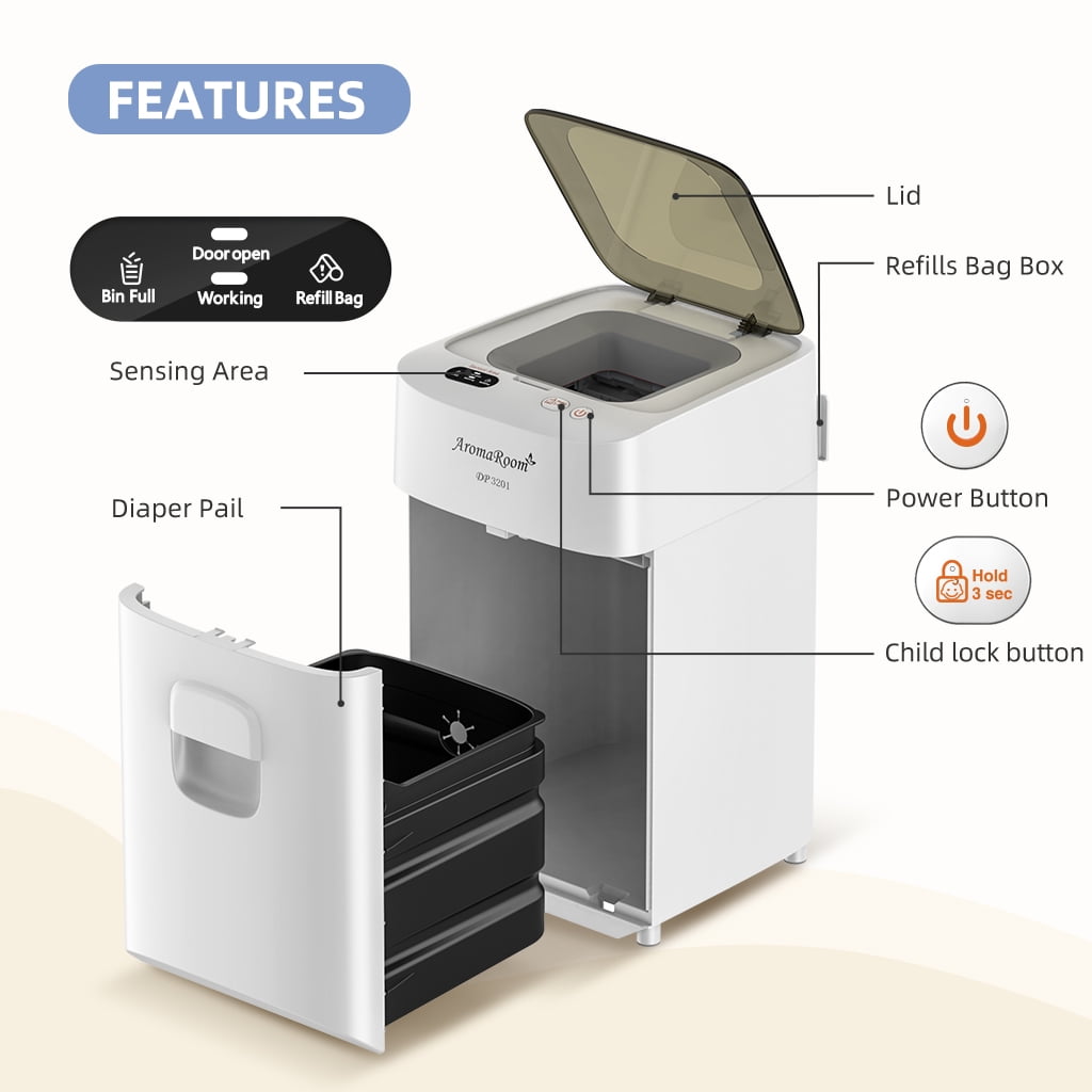Aroma Room Electric Full-Automatic Odor-Locking Diaper Pail with 36 Count Bags, White - Image 9