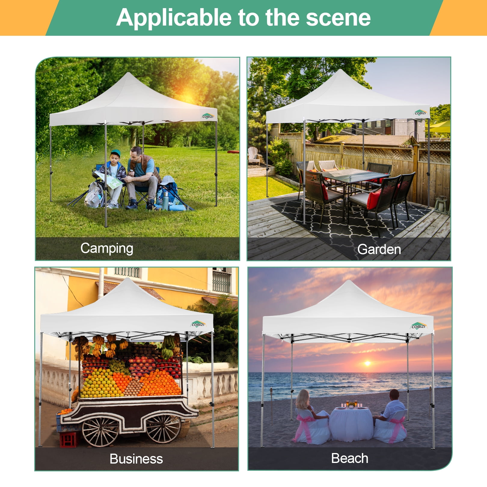 COBIZI 10x10 Heavy Duty Pop-up Canopy Tent for Outside, UPF 50+ Waterproof and Instant Outdoor Shelter, Outdoor Canopy for Beach,Party,Camping with Rope,Stake and Carrying Bag,White(Frame Thickened) - Image 7