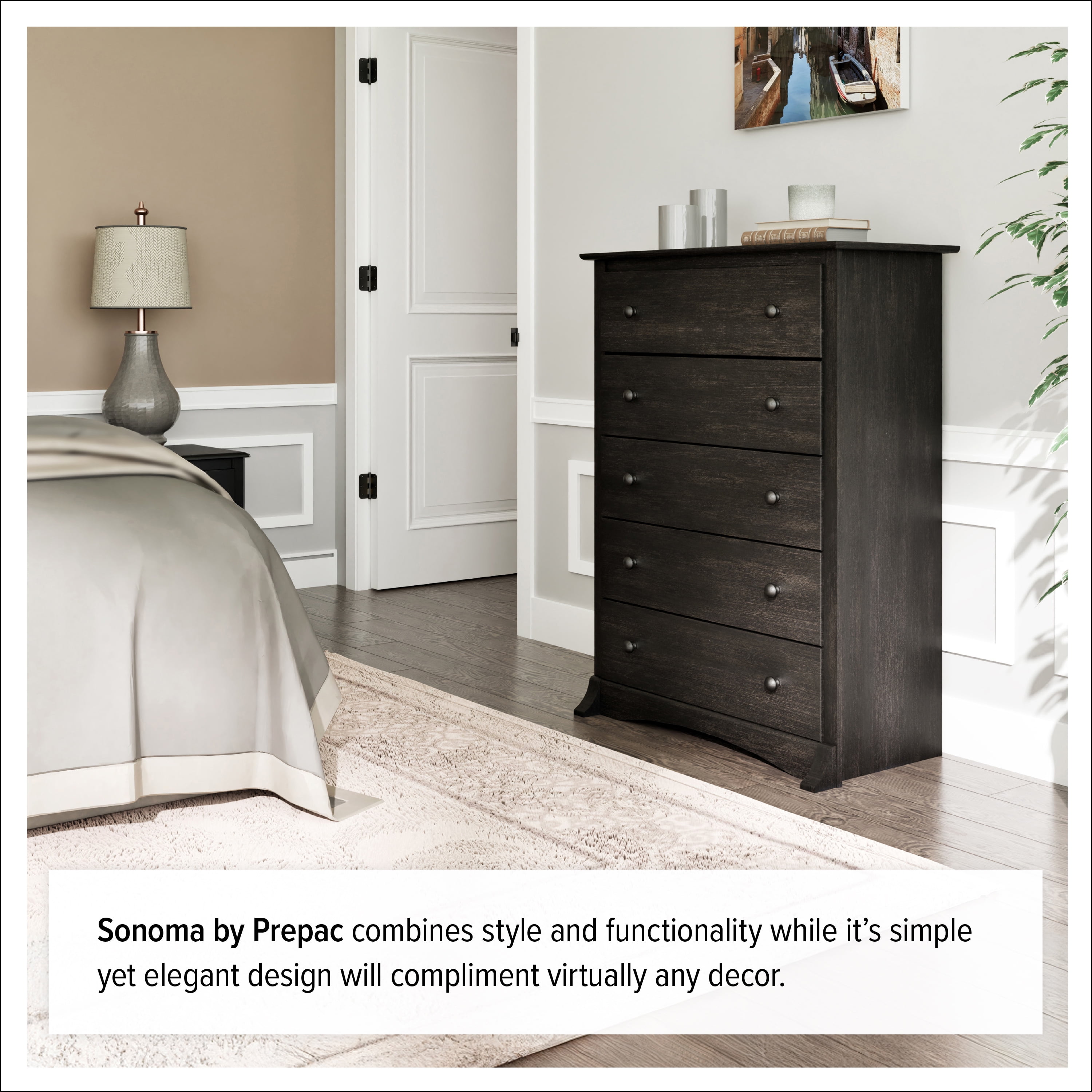 Prepac Sonoma 5-Drawer Bedroom Chest, Washed Black - Image 3
