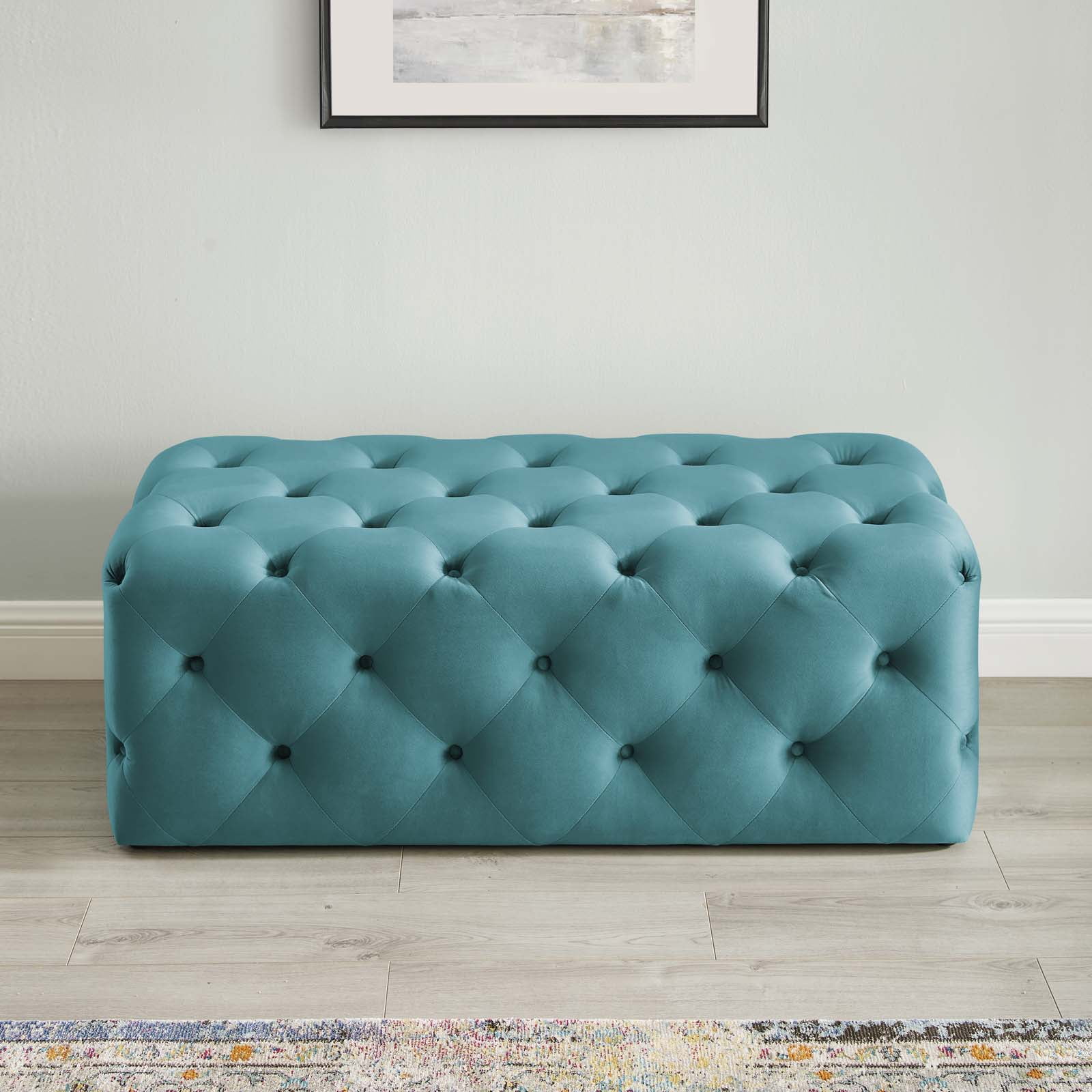 Modway Amour 48" Tufted Button Entryway Performance Velvet Bench in Sea Blue - Image 2