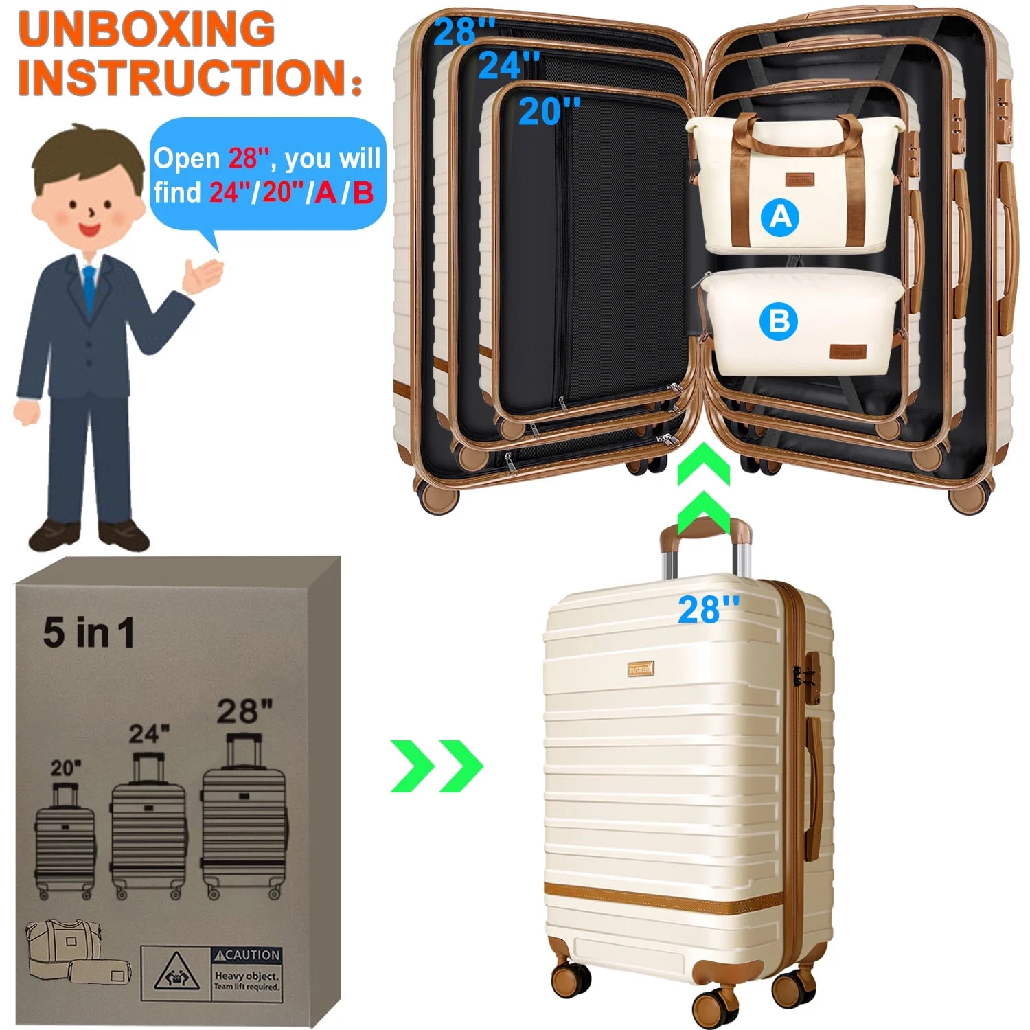 Musment Luggage Sets and Travel Duffel Bag Set of 5, ABS Hardshell Hardside Checked Luggage with TSA Lock and Double Spinner Wheels Suitcase - Image 5