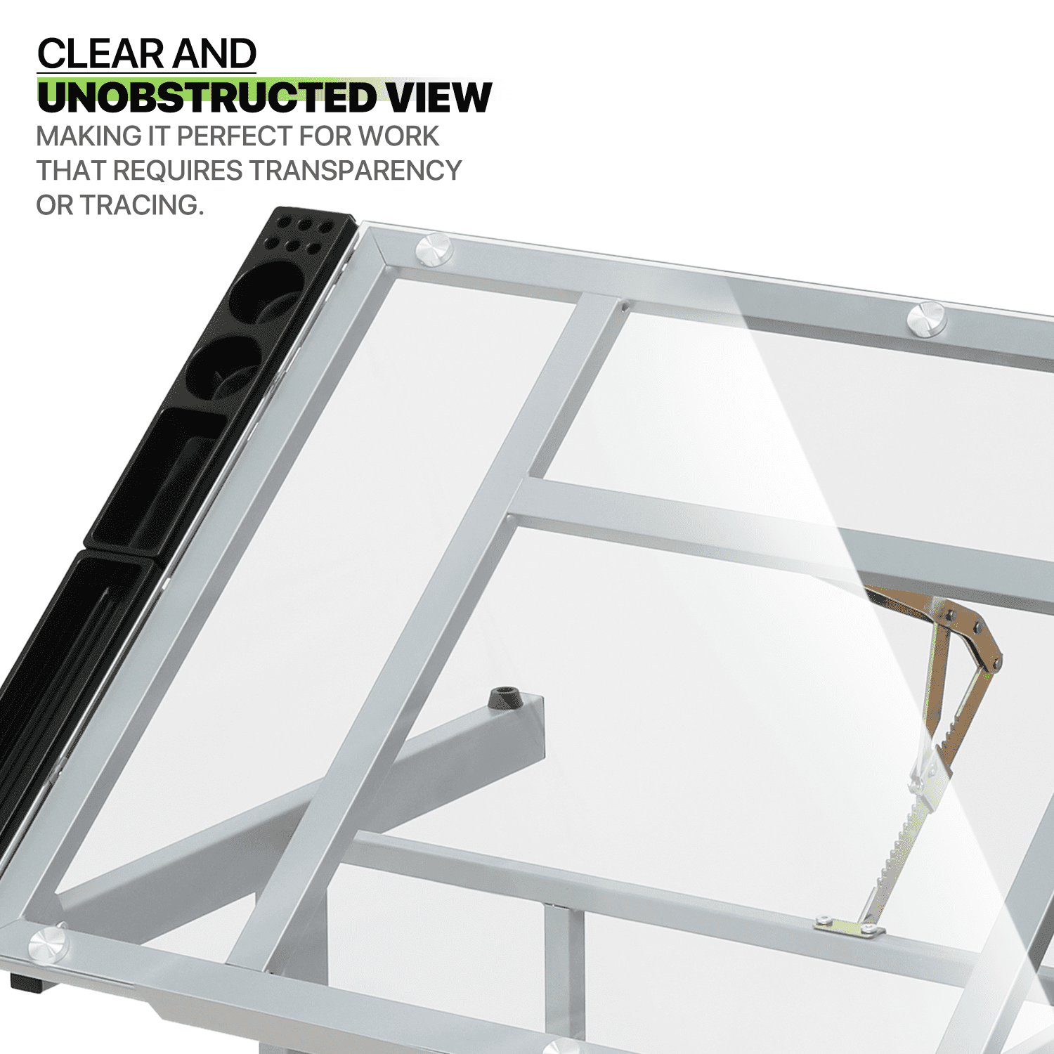 Magshion Tempered Glass Adjustable Height Drafting Table with Dual Drawers and Side Trays, Gray - Image 7