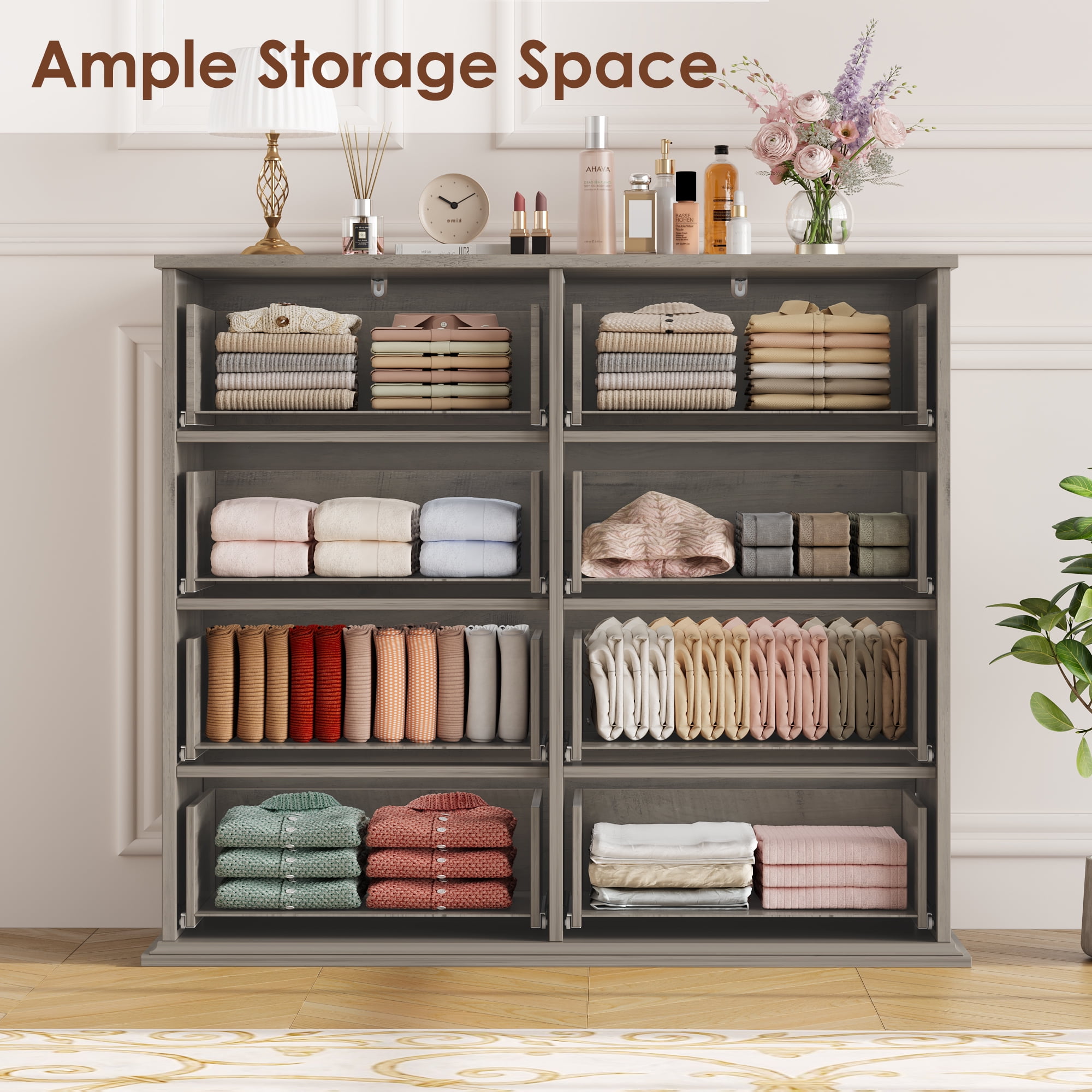 Homfa Horizontal 8 Drawer Dresser, Wood Storage Cabinet Double Dresser for Bedroom Living Room, Gray - Image 5