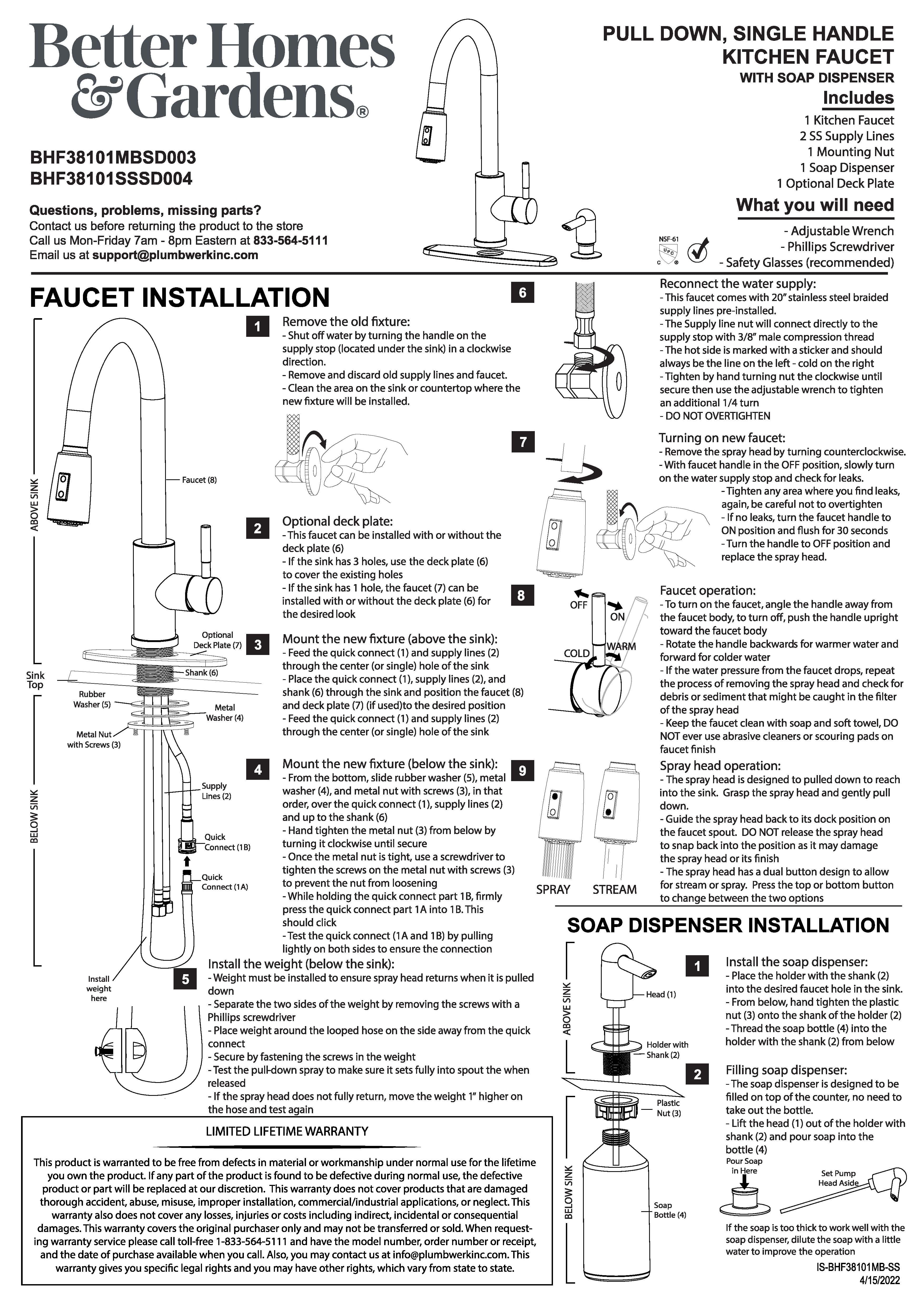 Better Homes & Gardens Elmont High Spout Single Handle Pull Down Kitchen Faucet with Soap Dispenser, Satin Nickel - Image 6