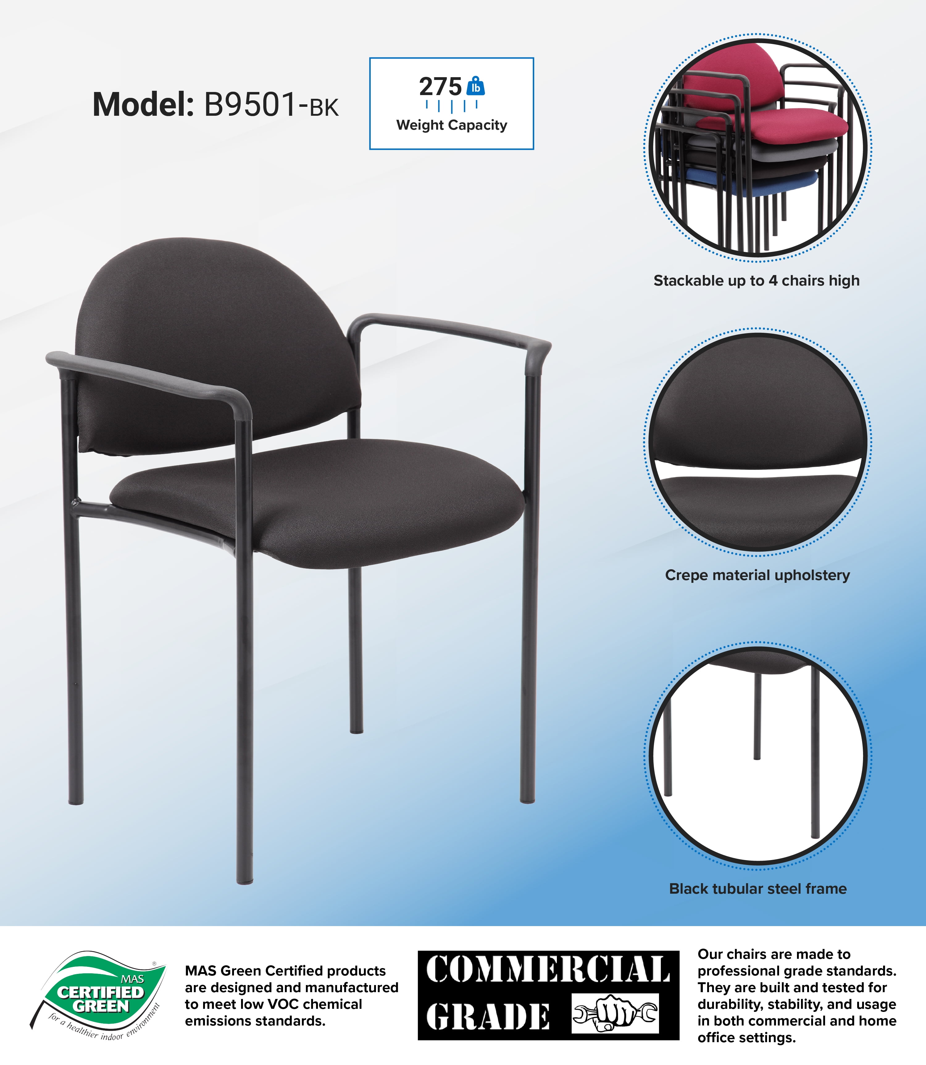 Boss Office Products Diamond Steel Office Stacking Chair with Arms, Black - Image 6