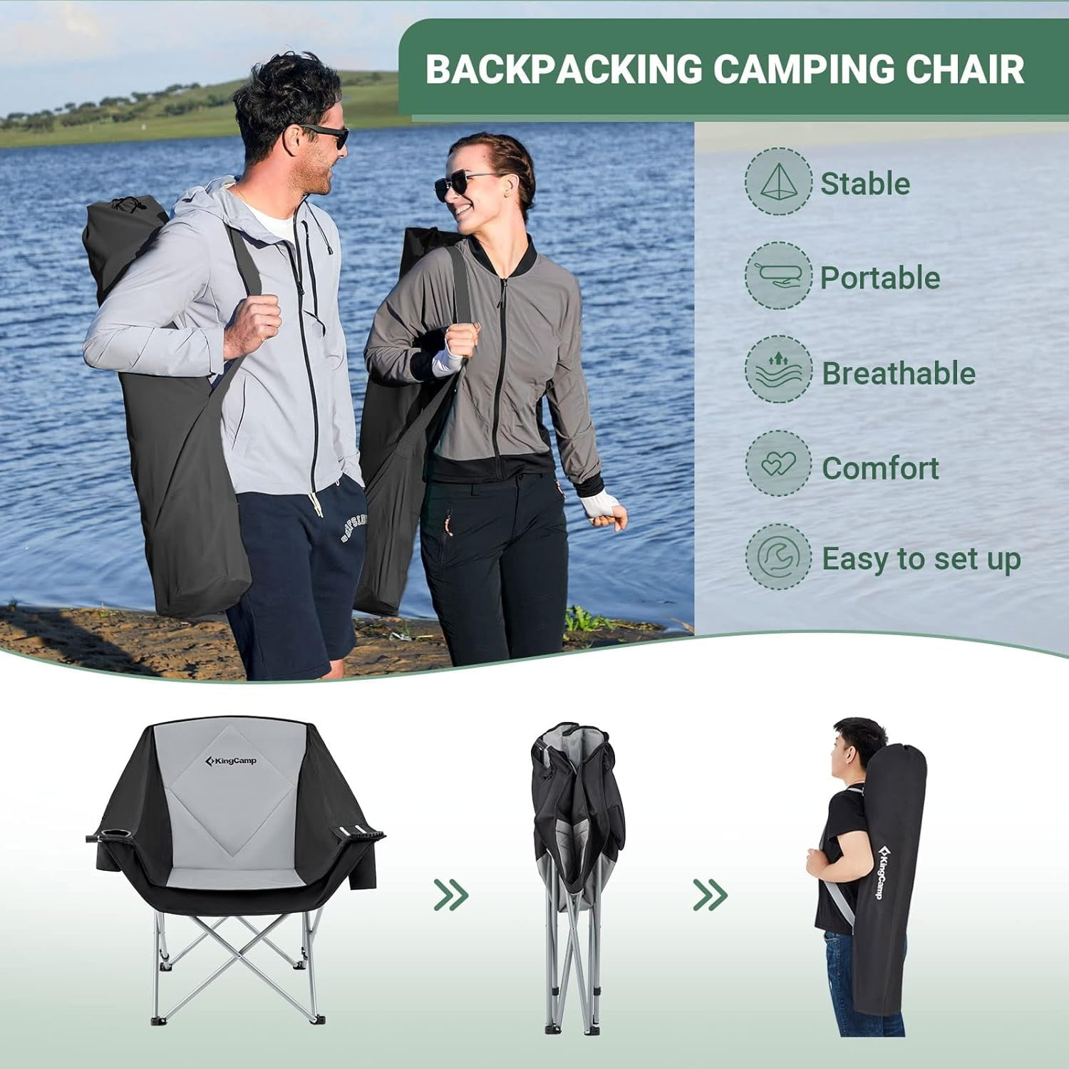 KingCamp Oversized Fully Padded Camping Chair for Adults, Support 330lbs Outdoor Folding Camping Sofa Chair with Pocket, Heavy Duty Folding Round Camping Chair, Black Light Grey - Image 5