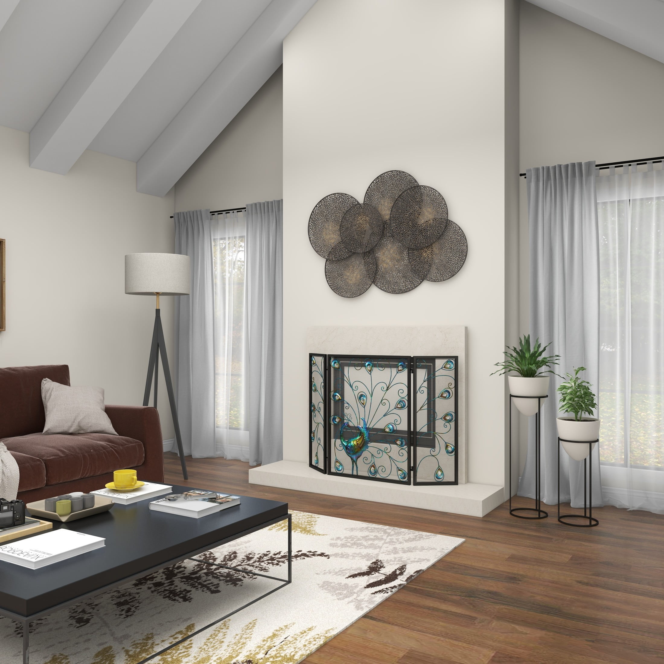 DecMode Black Eclectic Metal Fireplace Screen with Colorful Peacock Detail and Iron Frame, 48"W x 32"H - Image 13