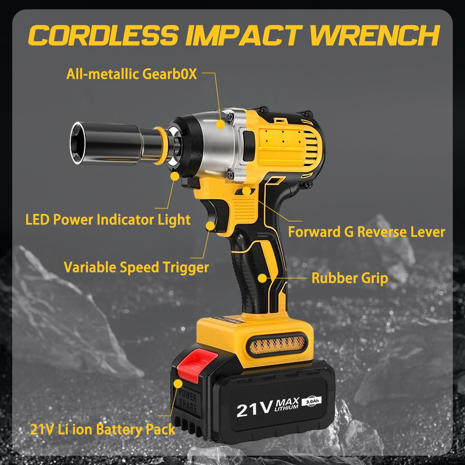21V Cordless Impact Wrench with 2 Batteries,Brushless Motor 1/2" Impact Drill,Impact Gun Max Torque 280 ft lbs (380N.m),30Pcs Tool Set for Home,Yellow - Image 11