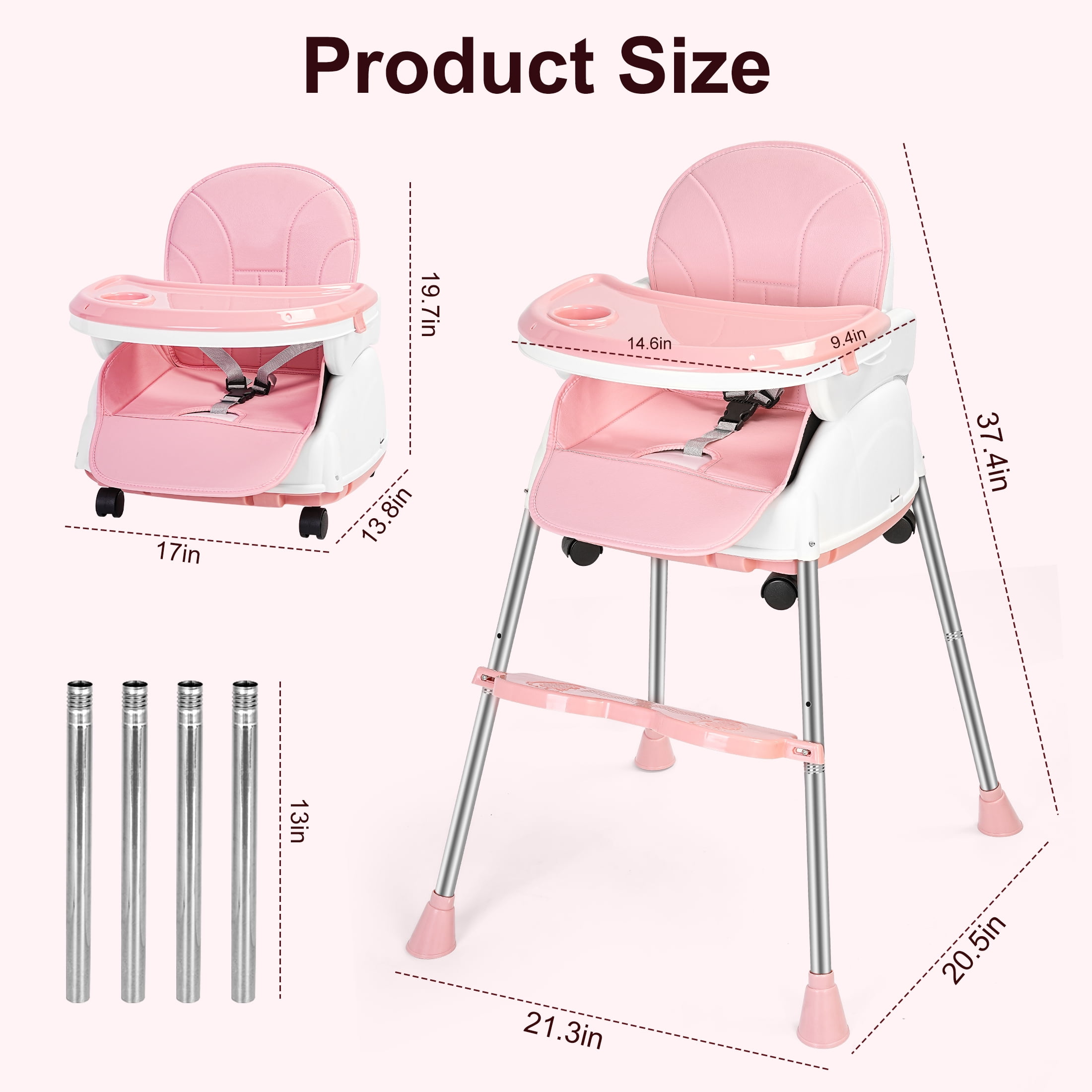 Minikid 5-in-1 High Chair with Wheels, 3-Point Seat Belt, Double-Layer Dinner Plate, Pink - Image 6
