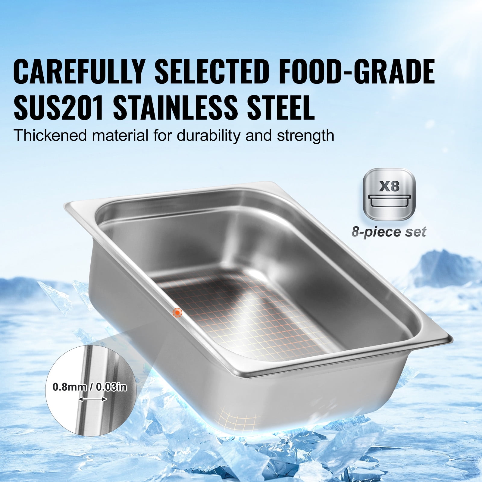 KFFKFF 8 Set Half-Size Steam Table Pans with Covers, 0.8mm Durable Stainless Steel, 4-Inch Depth, Anti-Jam Design, for Catering and Food Storage, Suitable for Commercial Use - Image 2