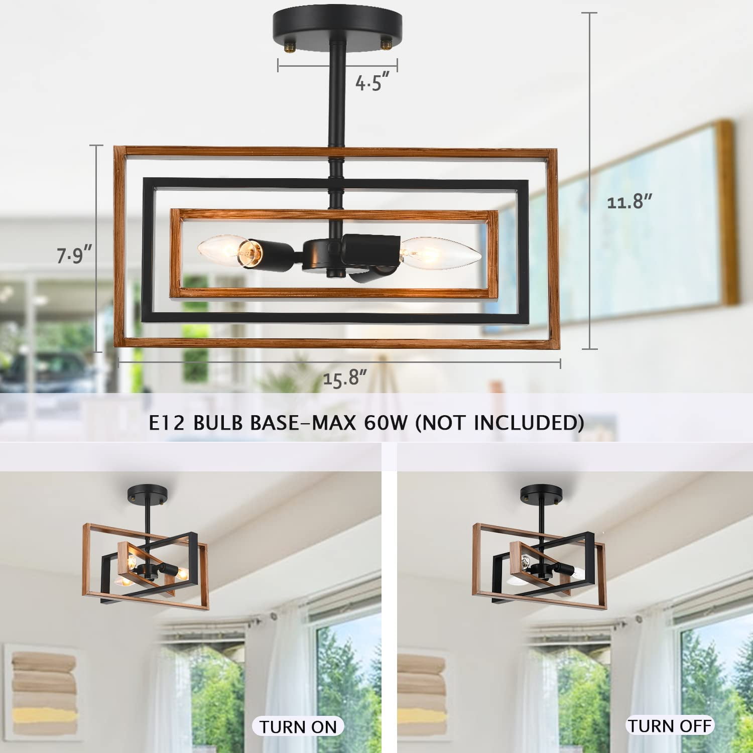 Capslpad Rustic Retro Rectangle Semi Flush Ceiling Light Industrial Farmhouse Rotatable Flush Mount Ceiling Light Fixture for Kitchen Hallway Dining Room Living Room Entryway (Faux-Wood) - Image 3