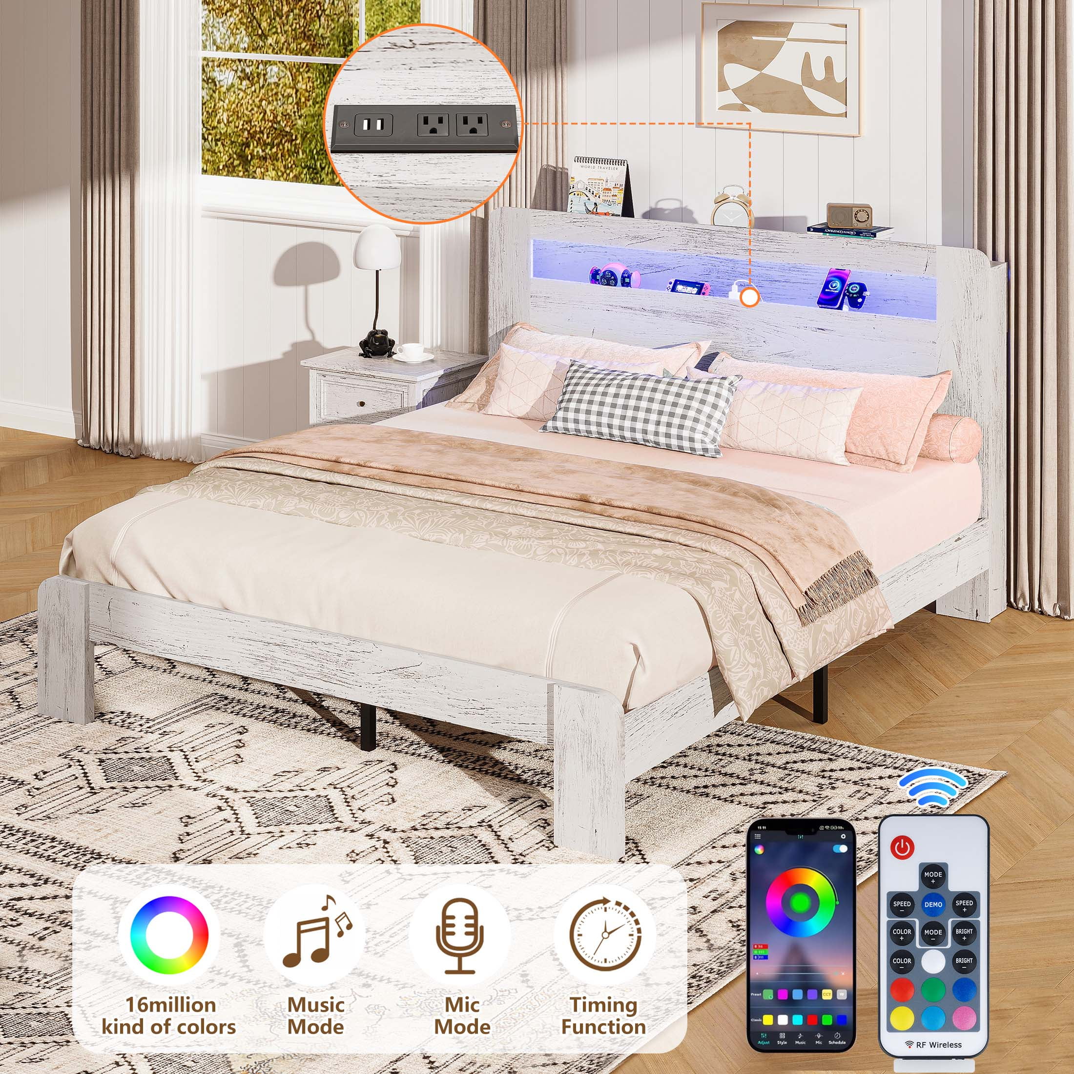 Full Bed Frame with LED Storage Headboard and Charging Station, UHOMEPRO Wood Full Bed Frame with Strong Support and RGB Lights, Modern Farmhouse Bedroom Furniture, No Box Spring Needed, White - Image 13