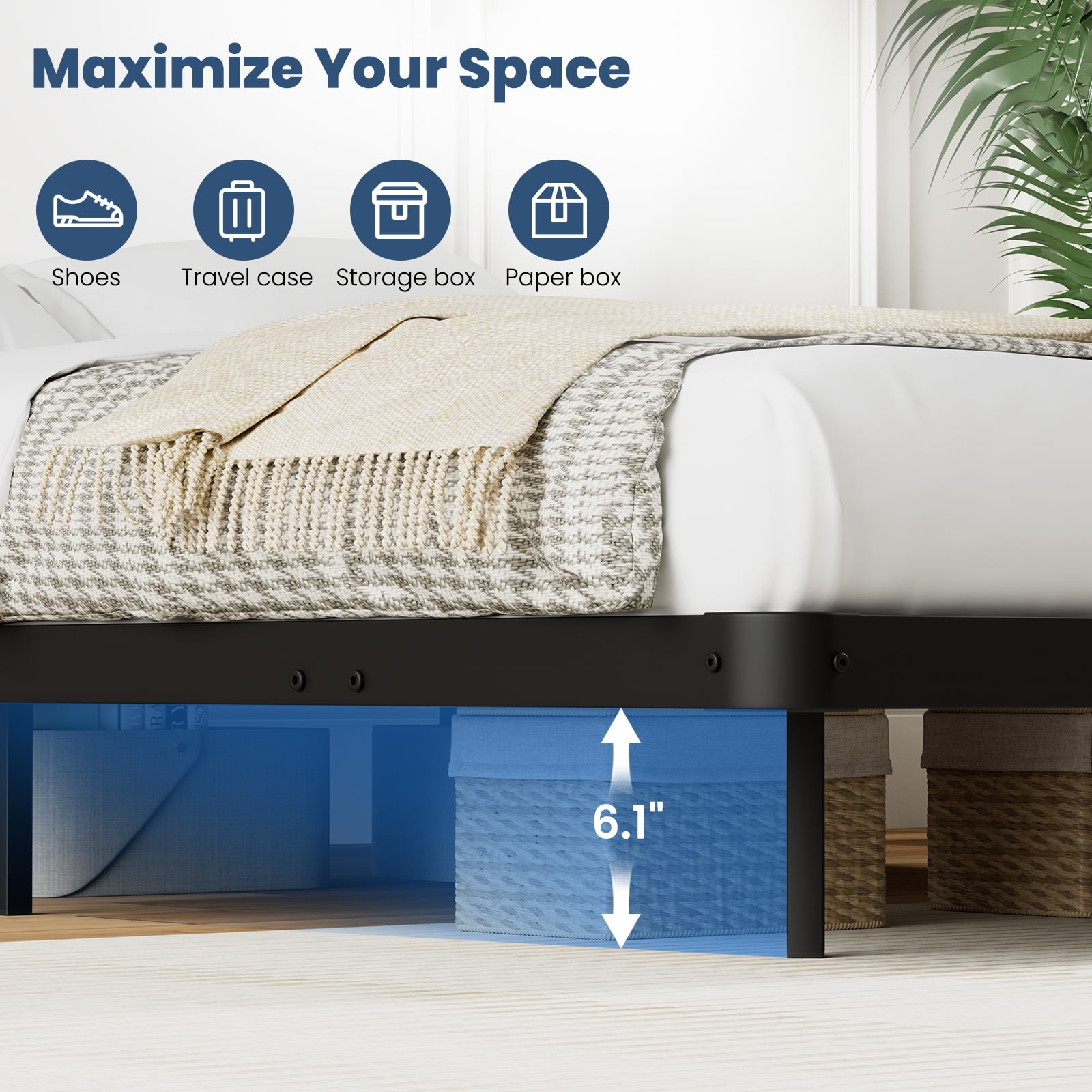 Lusimo King Size Floating Bed Frame with LED Lights Bed Storage Metal Platform Bed Frames with Steel Slat Support Anti-Slip Easy Assembly, Black - Image 6