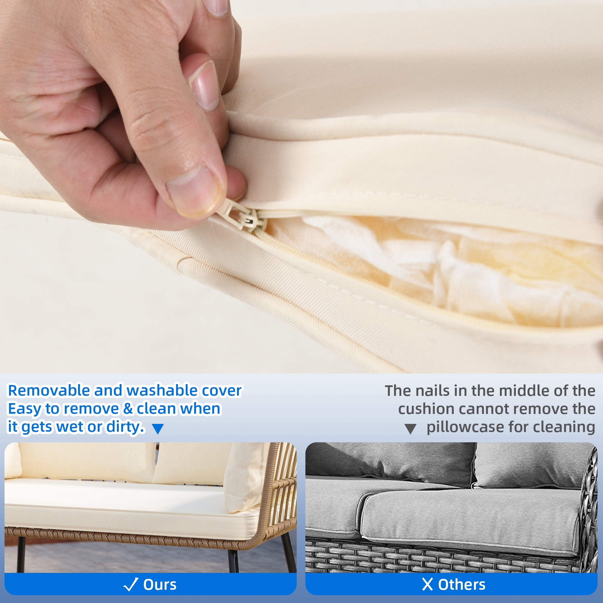 Dextrus Patio Sofa and Loveseat, Boho All-Weather Wicker Rattan Conversation Chairs with Cushions & Lumbar Pillows - Beige - Image 2