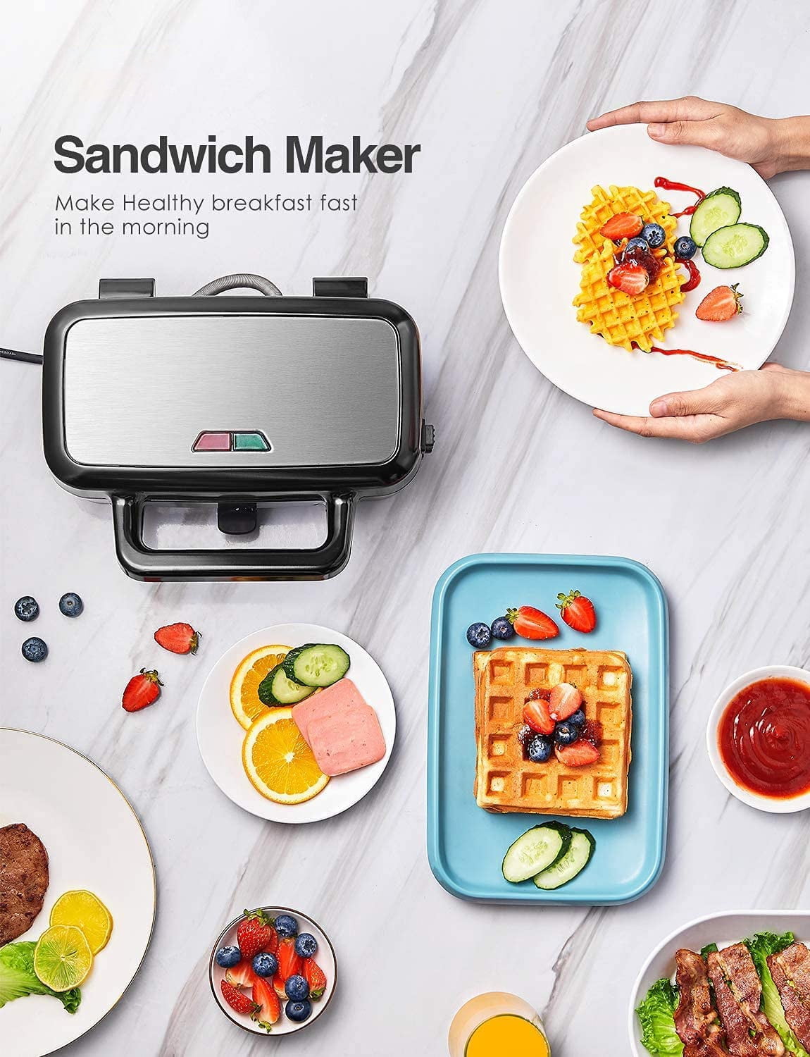 3-in-1 Sandwich Maker with Removable Plates, FOHERE Waffle Maker and Panini Press Grill, 1200W, Black - Image 8