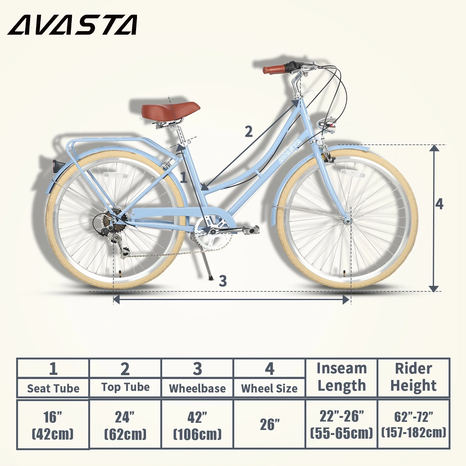 AVASTA Hybrid Bike for Women Female Lightweight Step Through 26 inch Hi-Ten Steel Frame City Commuter Comfort Lady Bicycle, 6-Speed, Color Blue with Beige Tires - Image 5