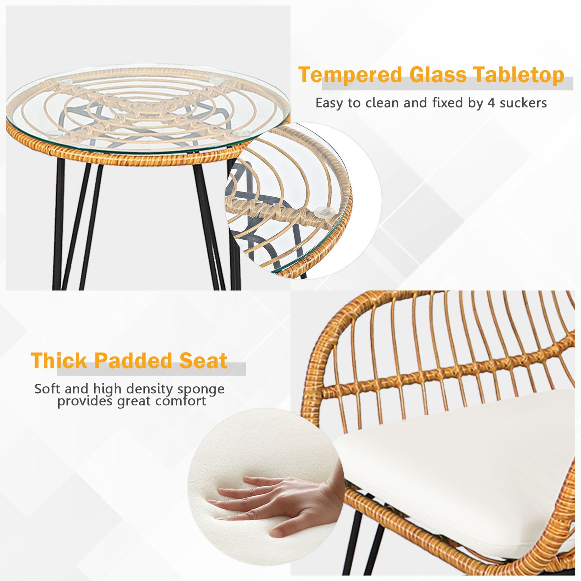 Gymax 3PCS Rattan Patio Bistro Set Conversation Furniture Set w/ White Cushions - Image 3