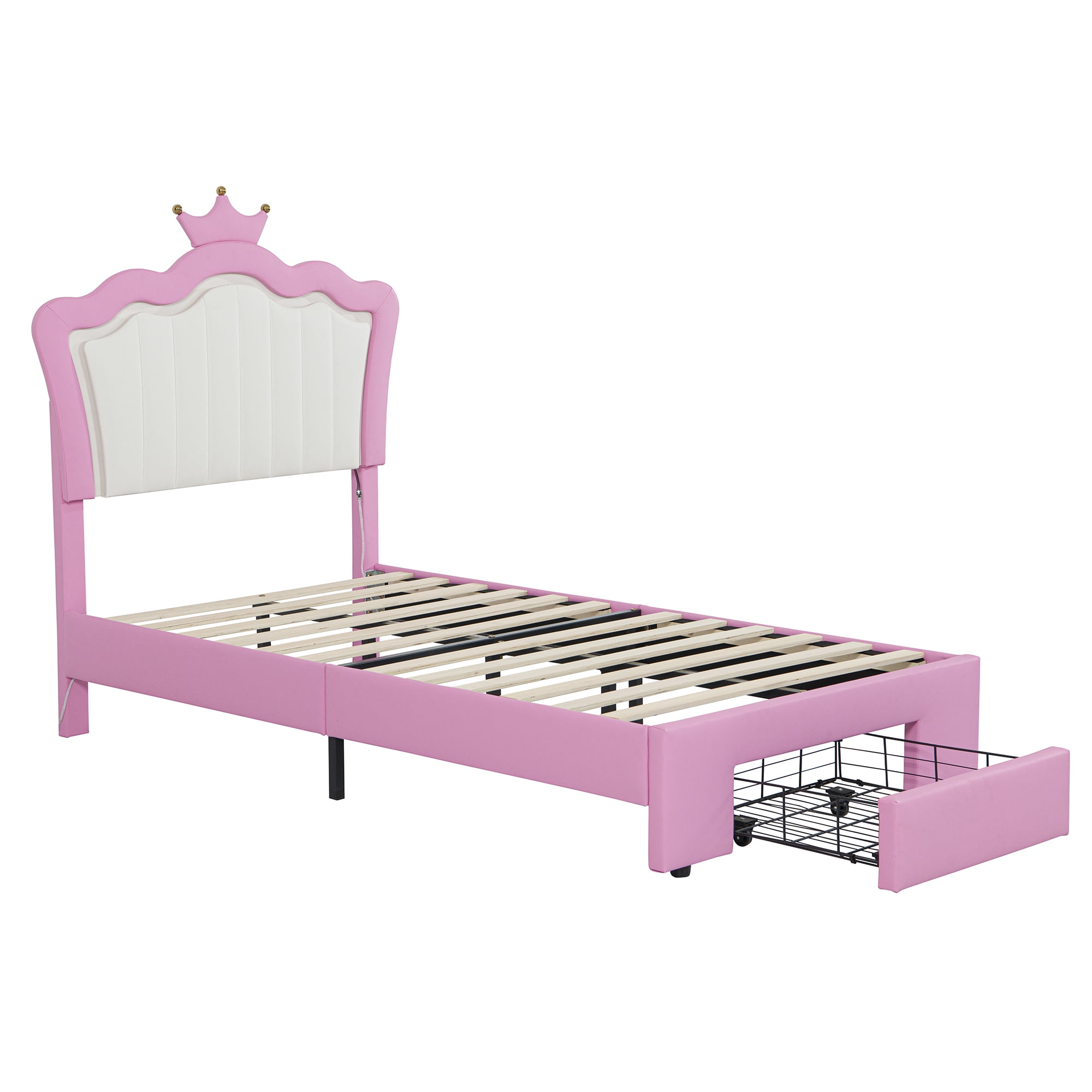 Miniyam Upholstered Twin Size Bed with LED Lights, Crown Headboard for Kids, Pink - Image 6