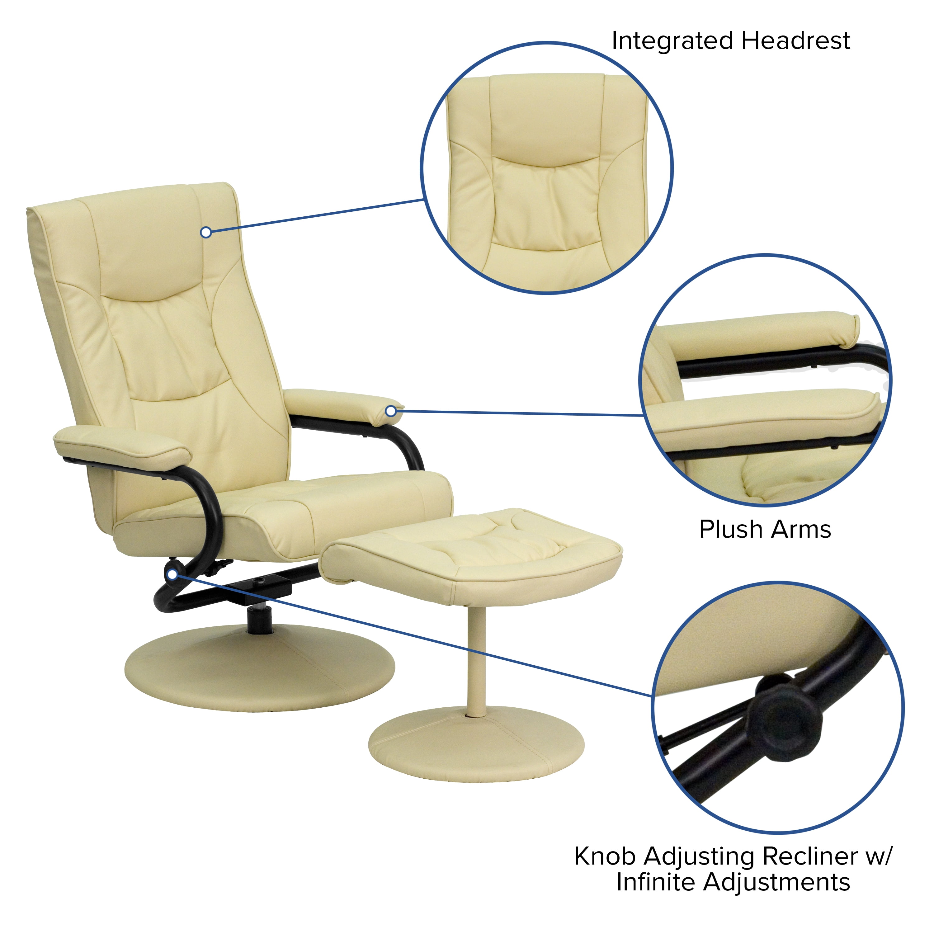 Flash Furniture Contemporary Multi-Position Recliner and Ottoman with Wrapped Base in Cream LeatherSoft - Image 5