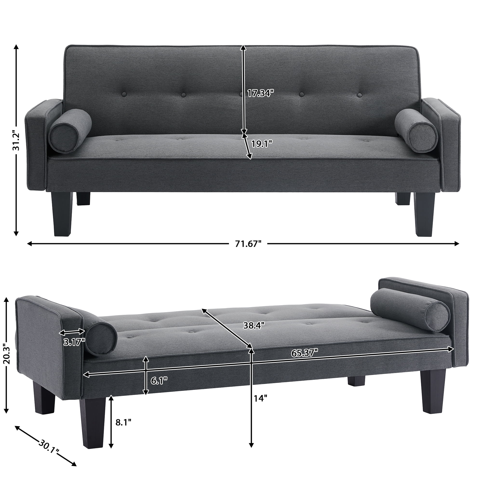 Convertible Futon Sofa Bed,Gray Upholstered Futon Couch Fabric Sleeper Sofa for Living Room Apartment - Image 3