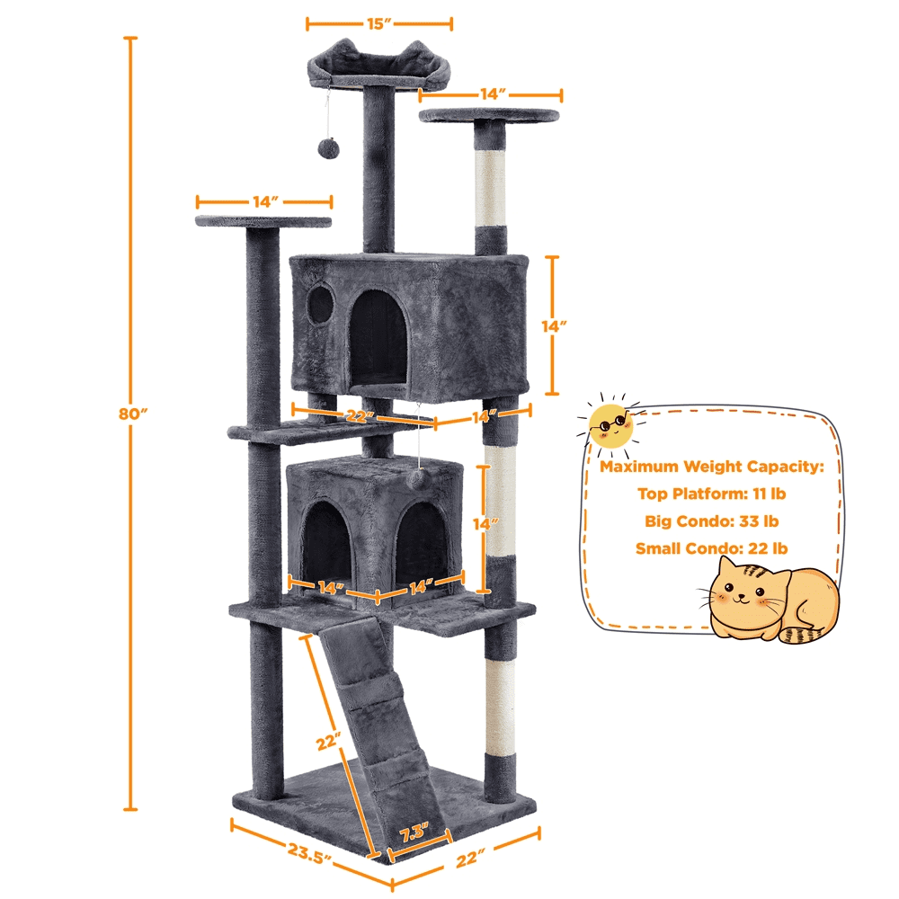 Alden Design 80″ Tall Multilevel Cat Tree with 2 Condos & 3 Scratching Posts for Kittens, Dark Gray - Image 9