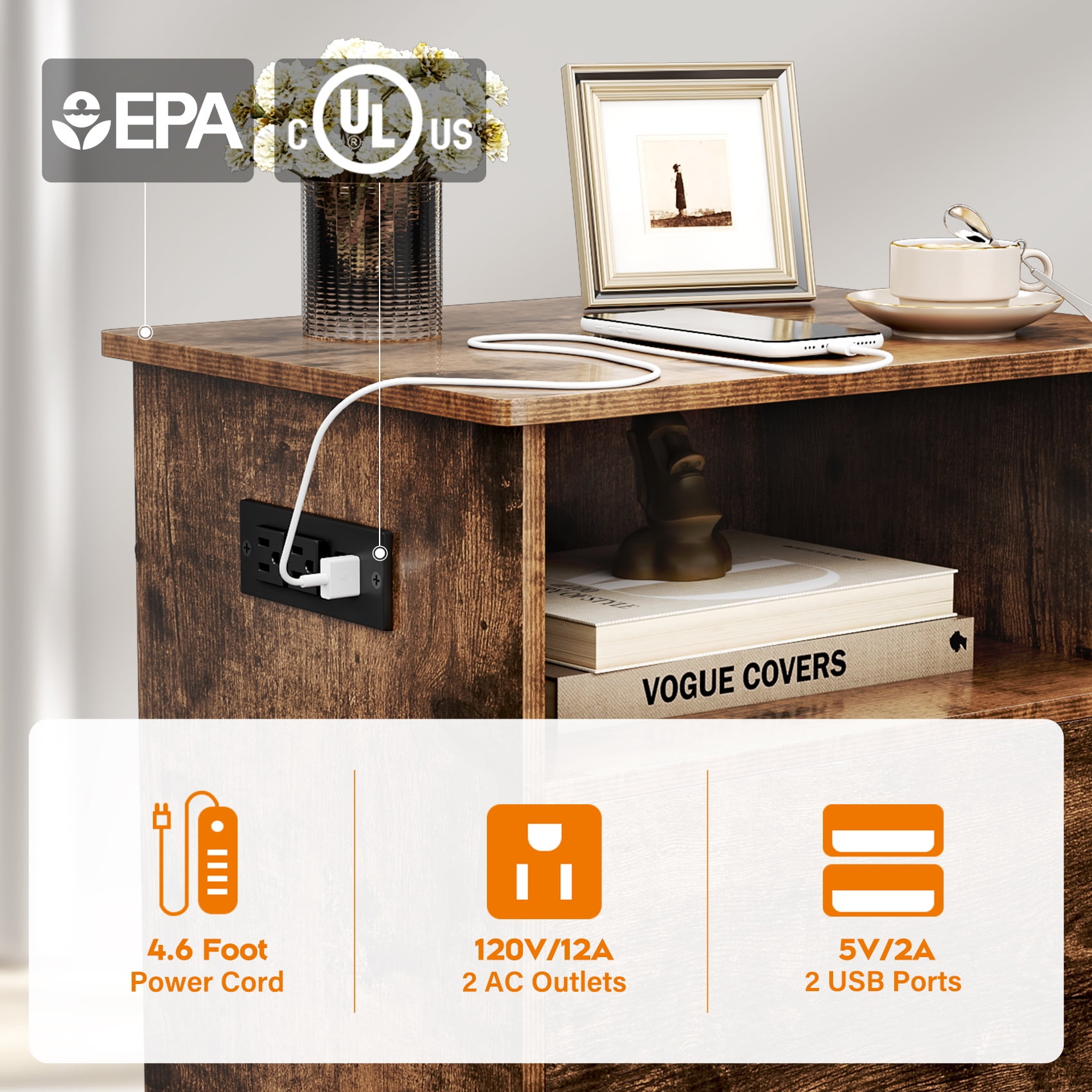 TC-HOMENY Nightstand with Charging Station Modern End Side Table with Storage Cabinet & USB Ports & Power Outlets for Bedroom Living Room - Image 4