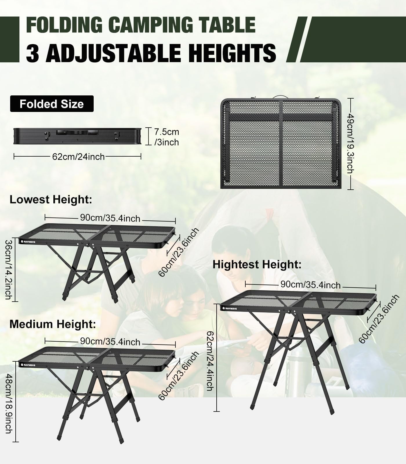 Raynesys Foldable Grill Table with Mesh Desktop,200lbs 3Ft Height Adjustable Portable Camping Table for Ourdoor Picnic BBQ Beach,Black - Image 6