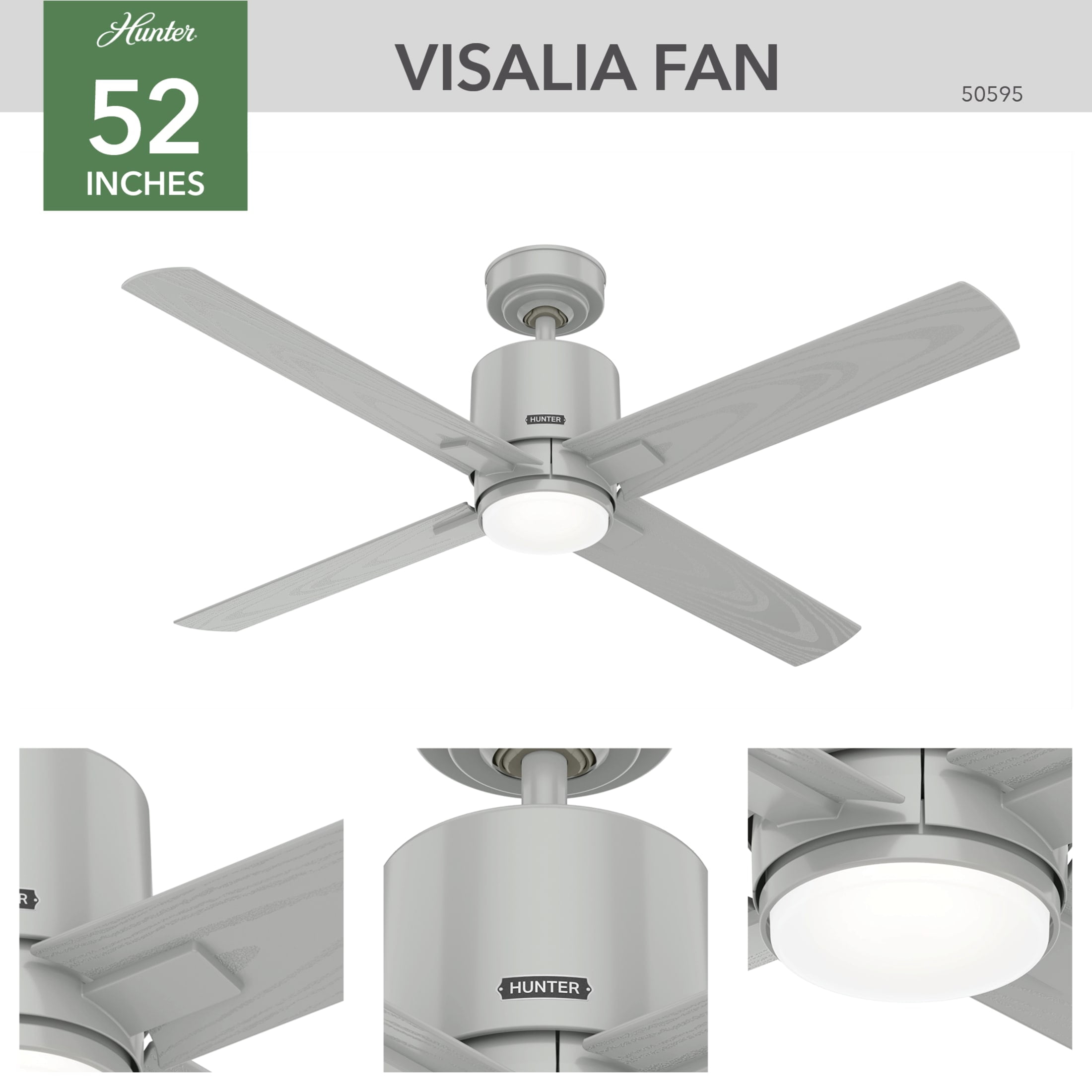 Hunter - Visalia Indoor/Outdoor Ceiling Fan With Light, Remote, 52-inch, Quartz Grey, Casual-style, 4-speed WhisperWind Motor, 50595, for porches, patios, sunrooms, bathrooms - Image 10