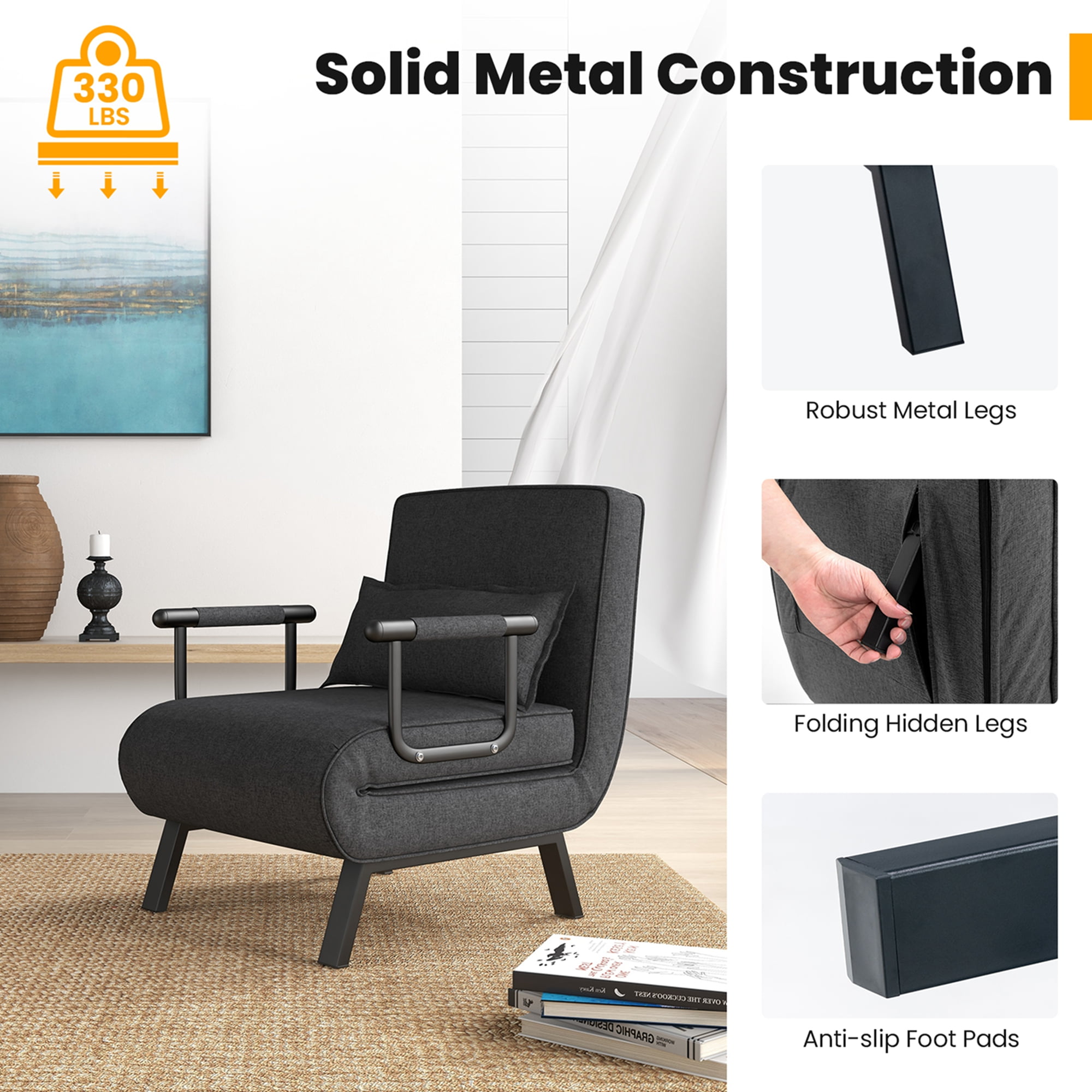 Costway Folding 5 Position Convertible Sleeper Bed Armchair Lounge Couch w/ Pillow Gray - Image 5