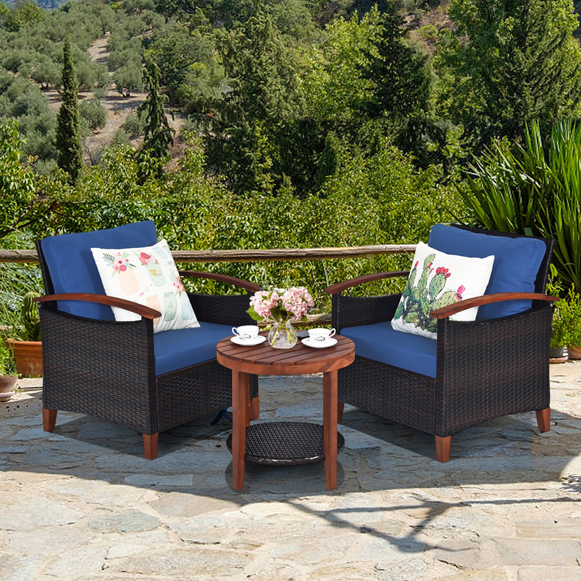 Gymax 3PCS Patio Wicker Rattan Conversation Set Outdoor Furniture Set w/ Cushion - Image 2