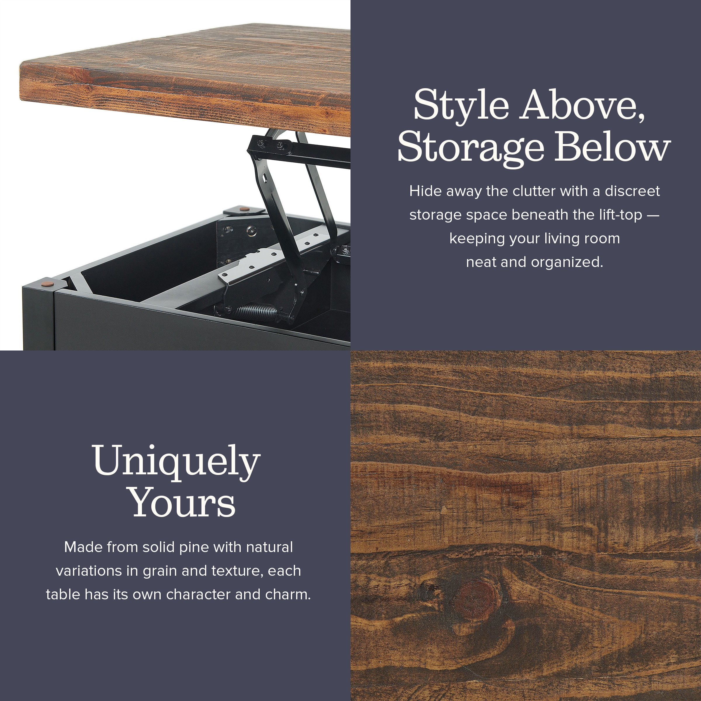 Alaterre Furniture Pomona 42” Lift Top Coffee Table with Storage - Metal and Wood Living Room Table - Image 2