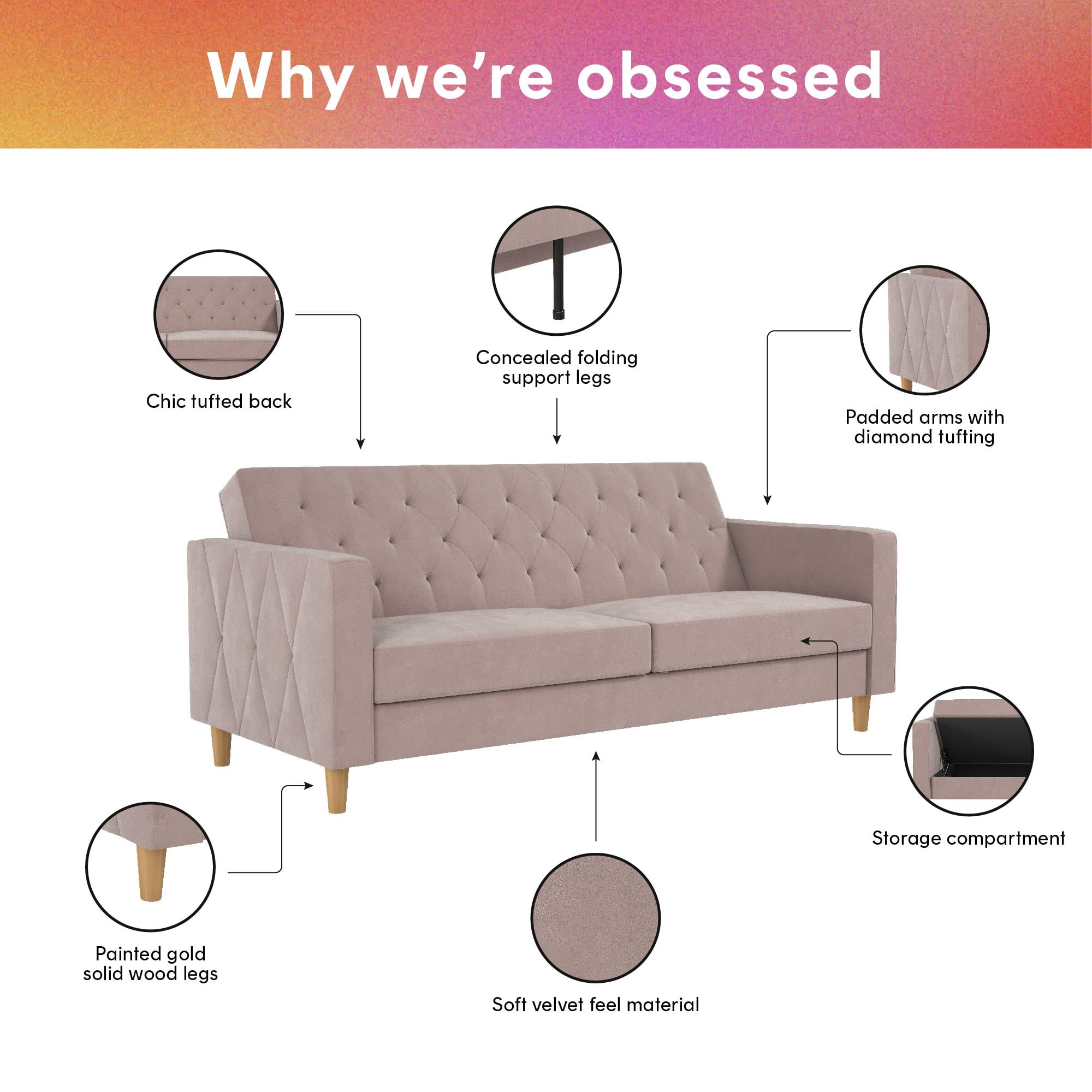 CosmoLiving Liberty Futon with Storage, Blush Velvet - Image 3