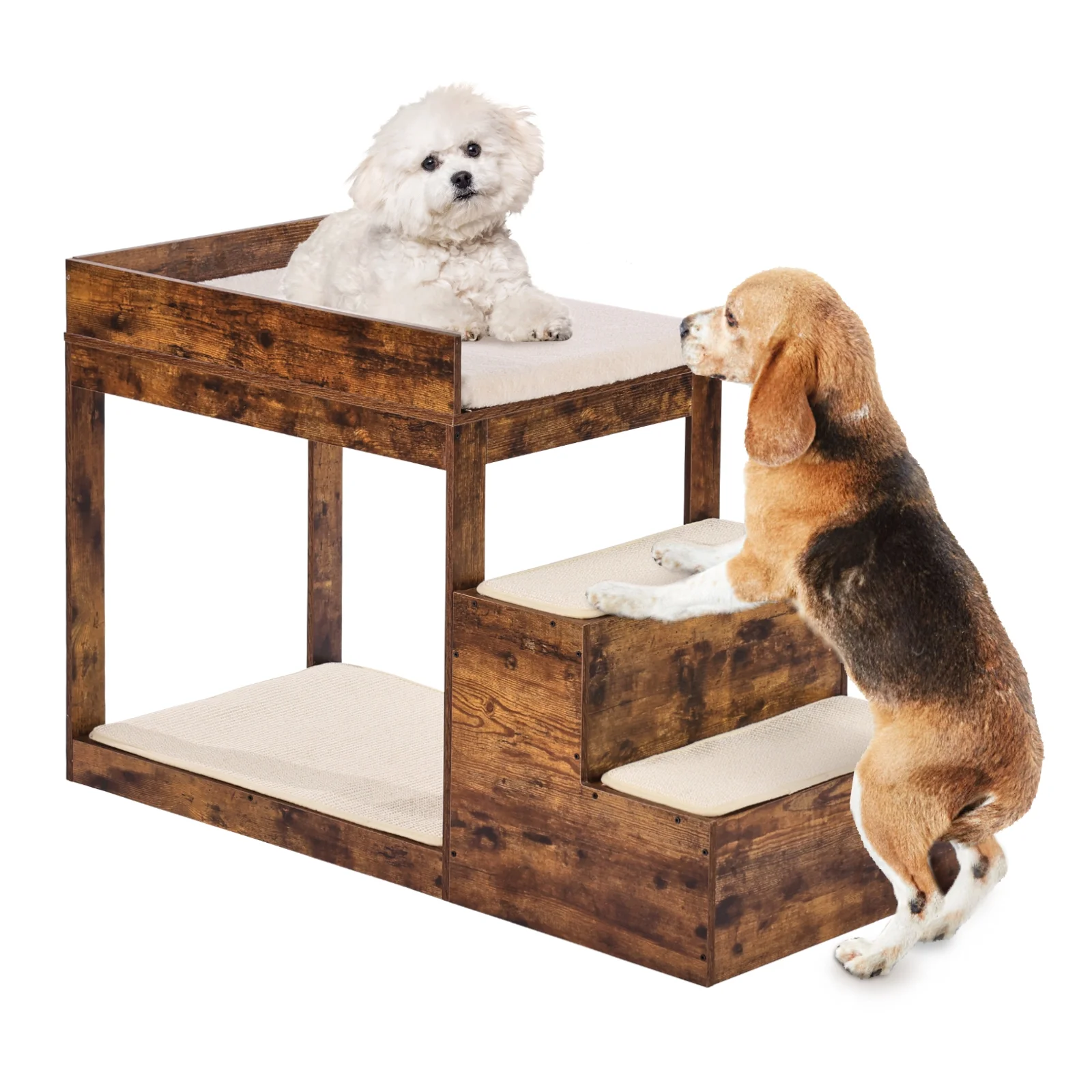 KFFKFF Animal Double-Deck Bed with Steps, Canine/Feline Lookout for Elevated Beds and Sofas, Mid-Sized Three-Tier Pet Resting Sofa, Suitable for Contemporary Residences (Antique Brown) - Image 2