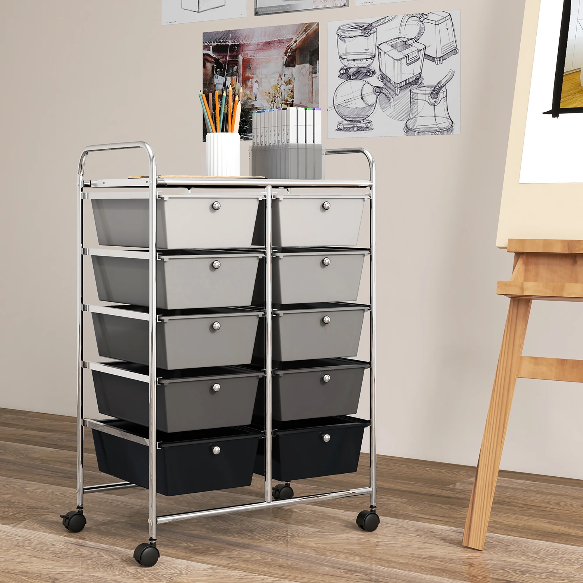 Gymax 10-Drawer Rolling Storage Cart Tools Scrapbook Paper Organizer on Wheels Black Gradient - Image 5
