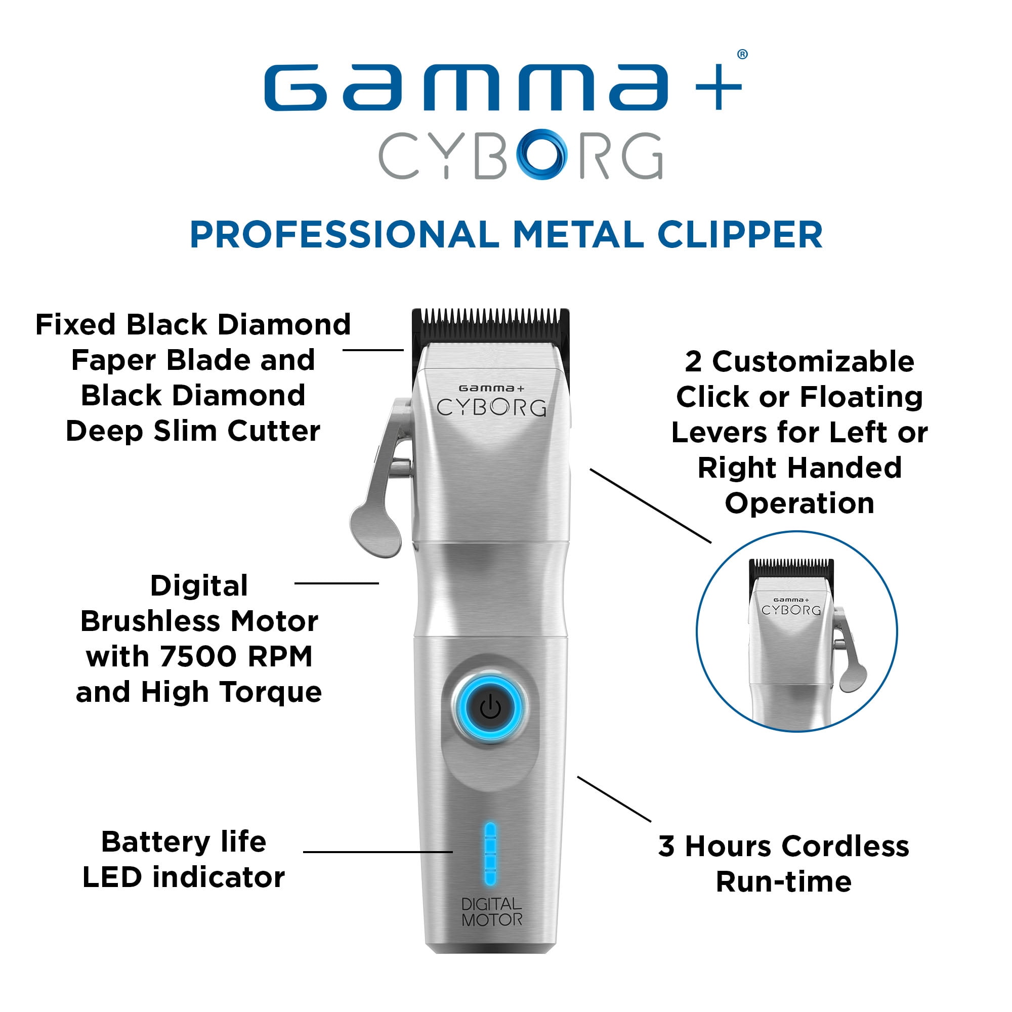 GAMMA+ Cyborg Professional Metal Hair Clipper, Adjustable, Battery Powered, Silver, GP604M - Image 5