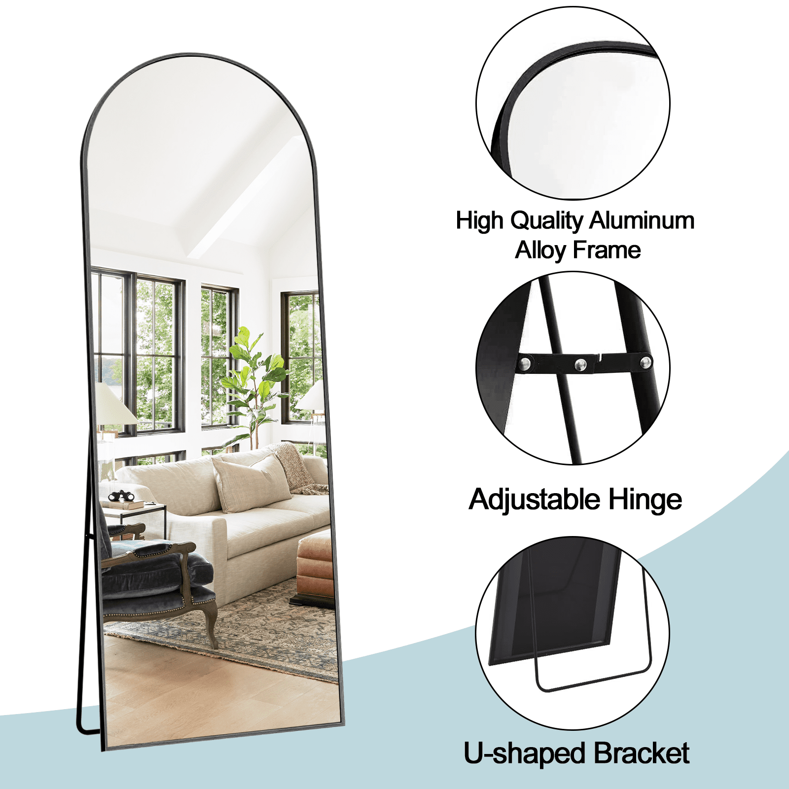 VLUSH 64"x21" Arched Full Length Mirror, Standing Floor Mirror Hanging or Leaning, Wall Mirror Aluminum Thin Frame for Bedroom (Black) - Image 4