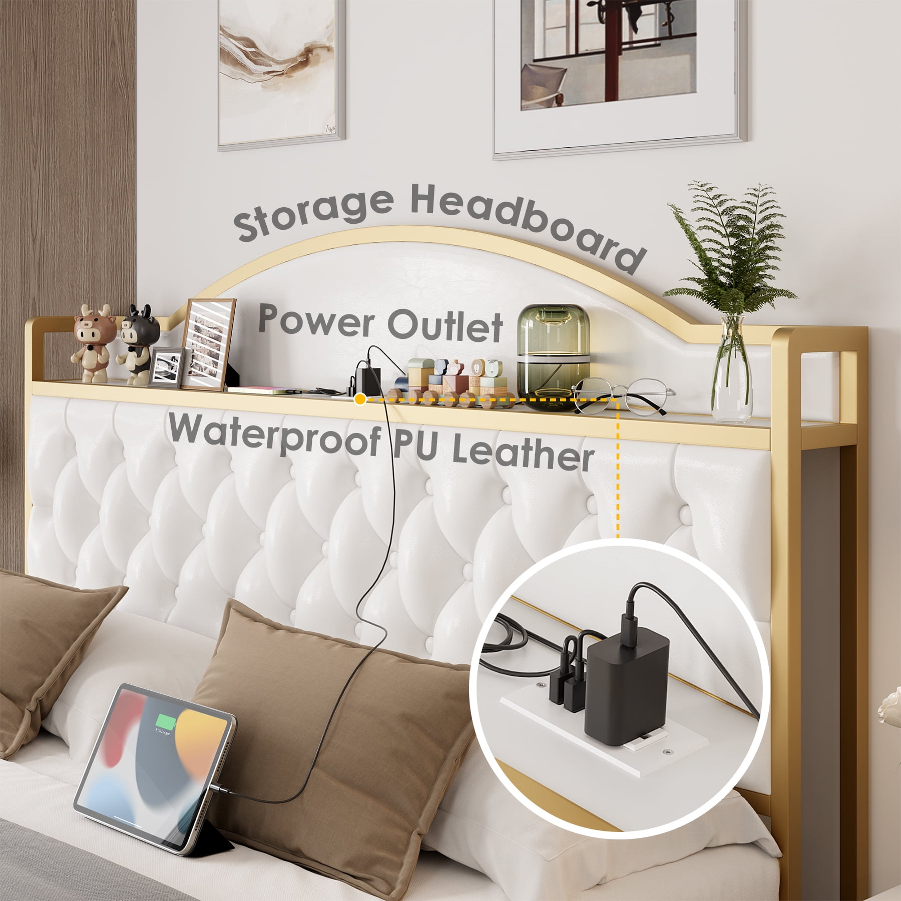 Homfa King Size Storage Bed with 3 Drawers, PU Leather Upholstered Bed with Shelving and Charging , White - Image 6