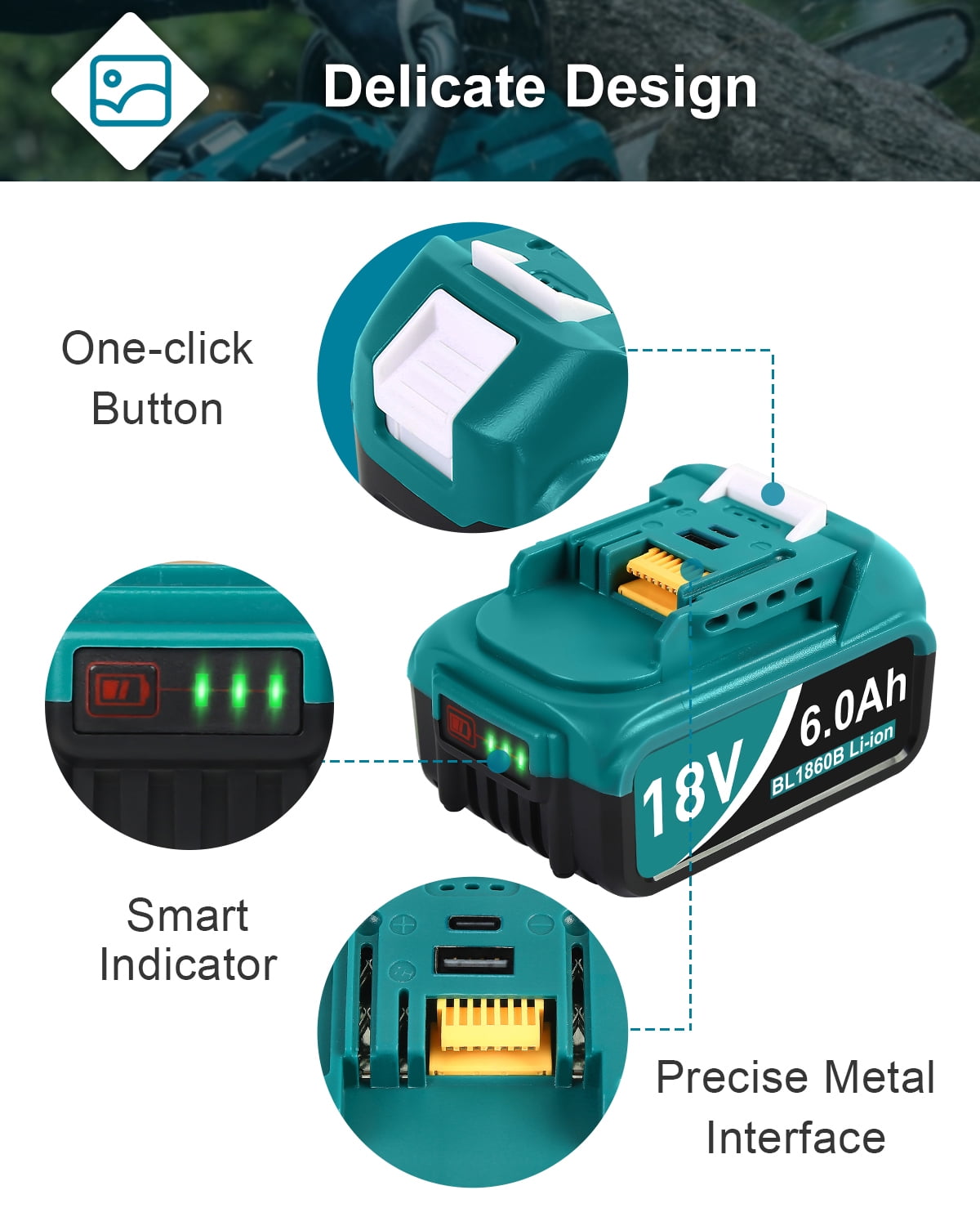 SUNBAT 2Packs Replacement for Bl1860b-2 18V 6.0 Ah LXT Lithium-Ion Battery with USB Port - Image 2