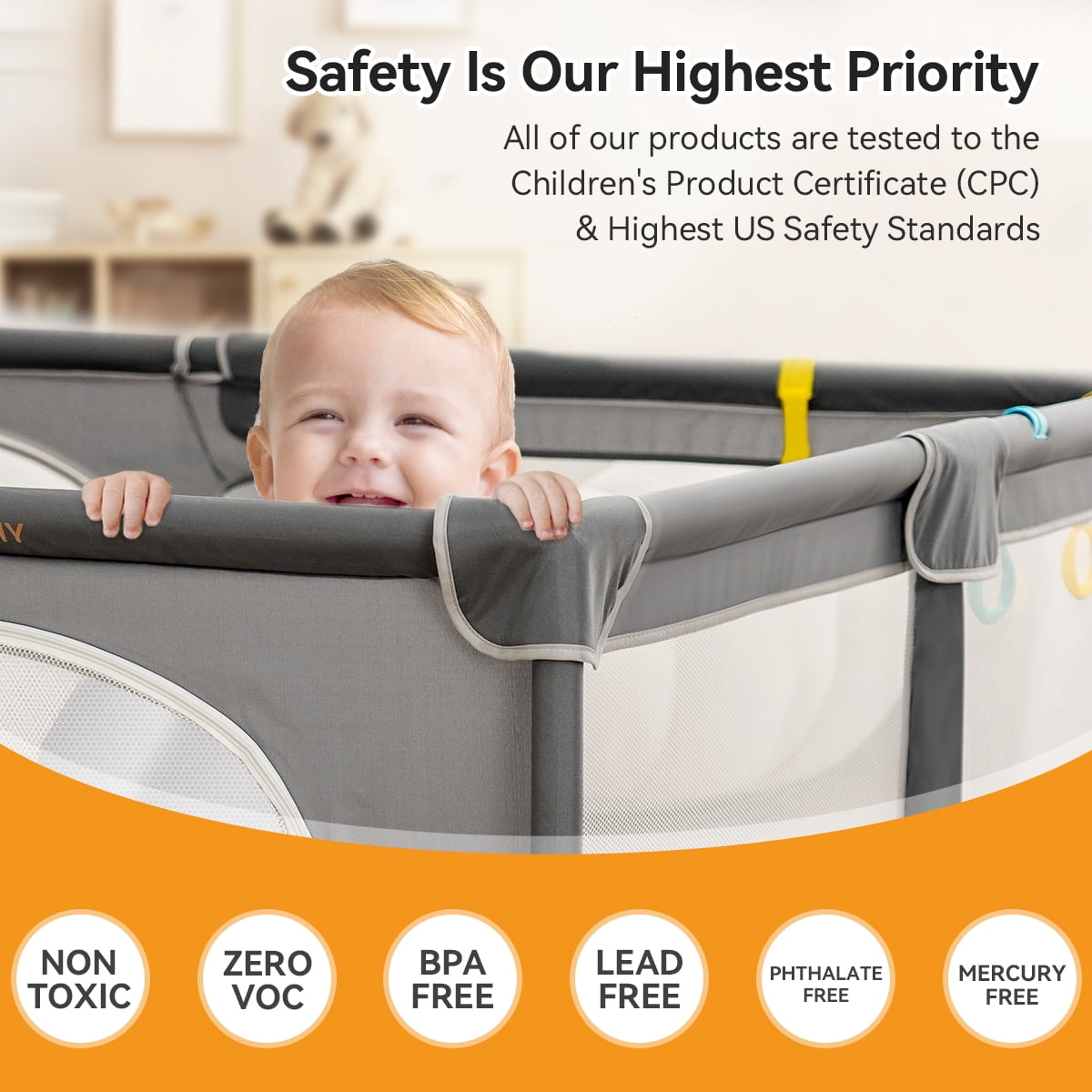 Large Baby Playpen, 79x63x27inch Activity Center Playard for Babies and Toddlers, Gray - Image 4