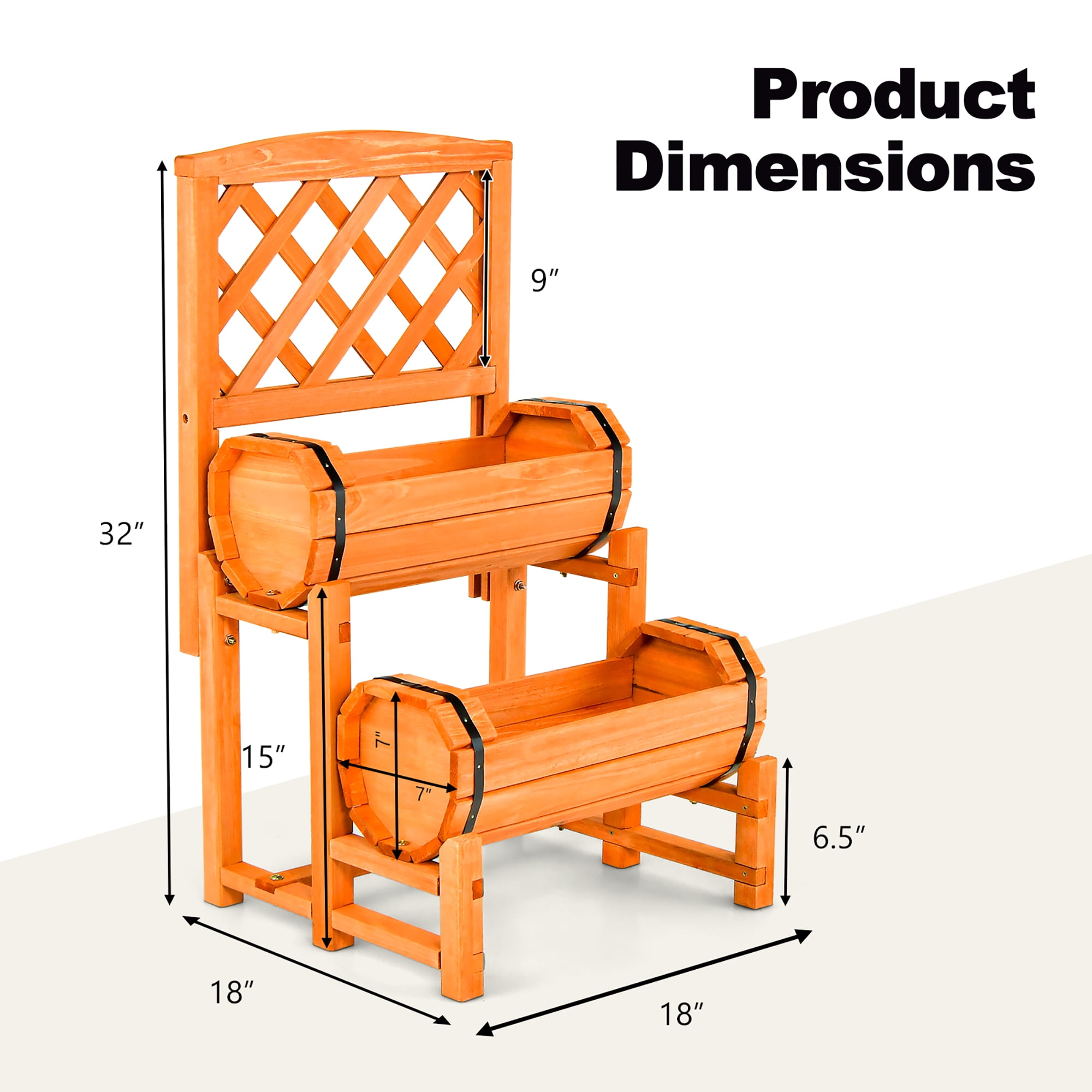Gymax 2-Tier Wooden Raised Garden Bed Container w/2 Cylindrical Planter Boxes & Trellis - Image 4