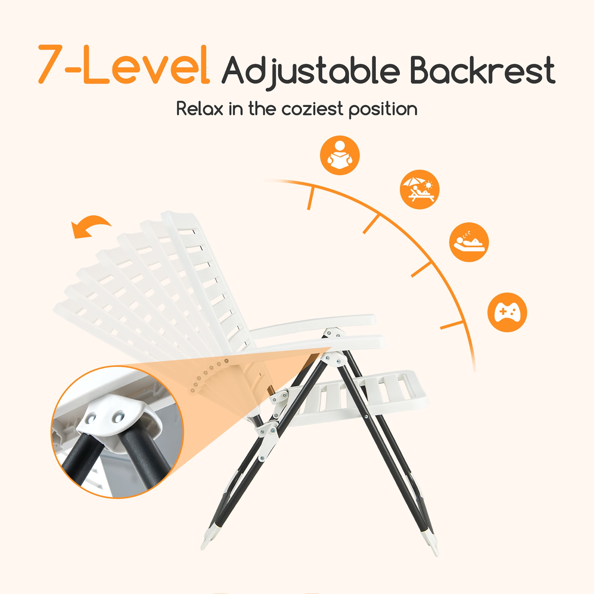 Costway Patio PP Folding Chair Adjustable Reclining 7-Level All-Weather Portable Outdoor White - Image 8